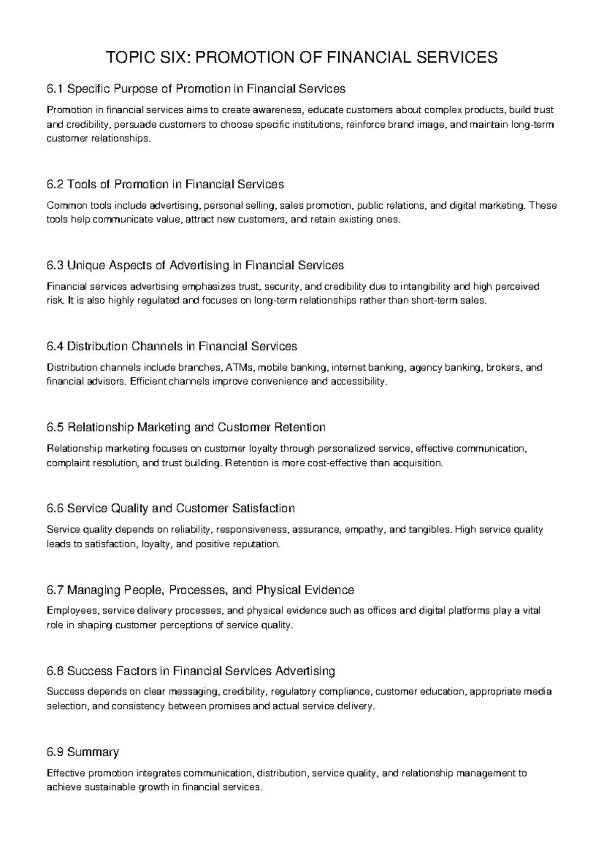 Topic Six: Promotion of Financial Services - FULL Notes - Studocu