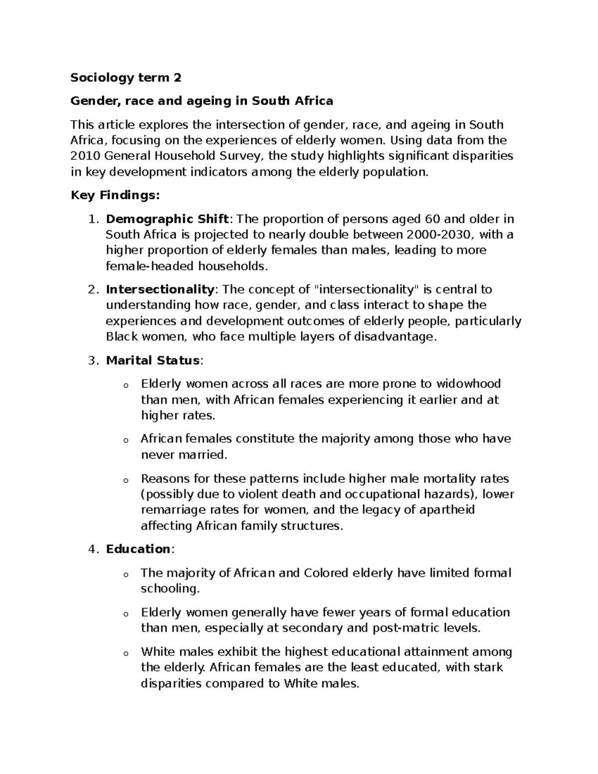 Sociology Term 2: Gender, Race & Ageing in South Africa Analysis - Studocu