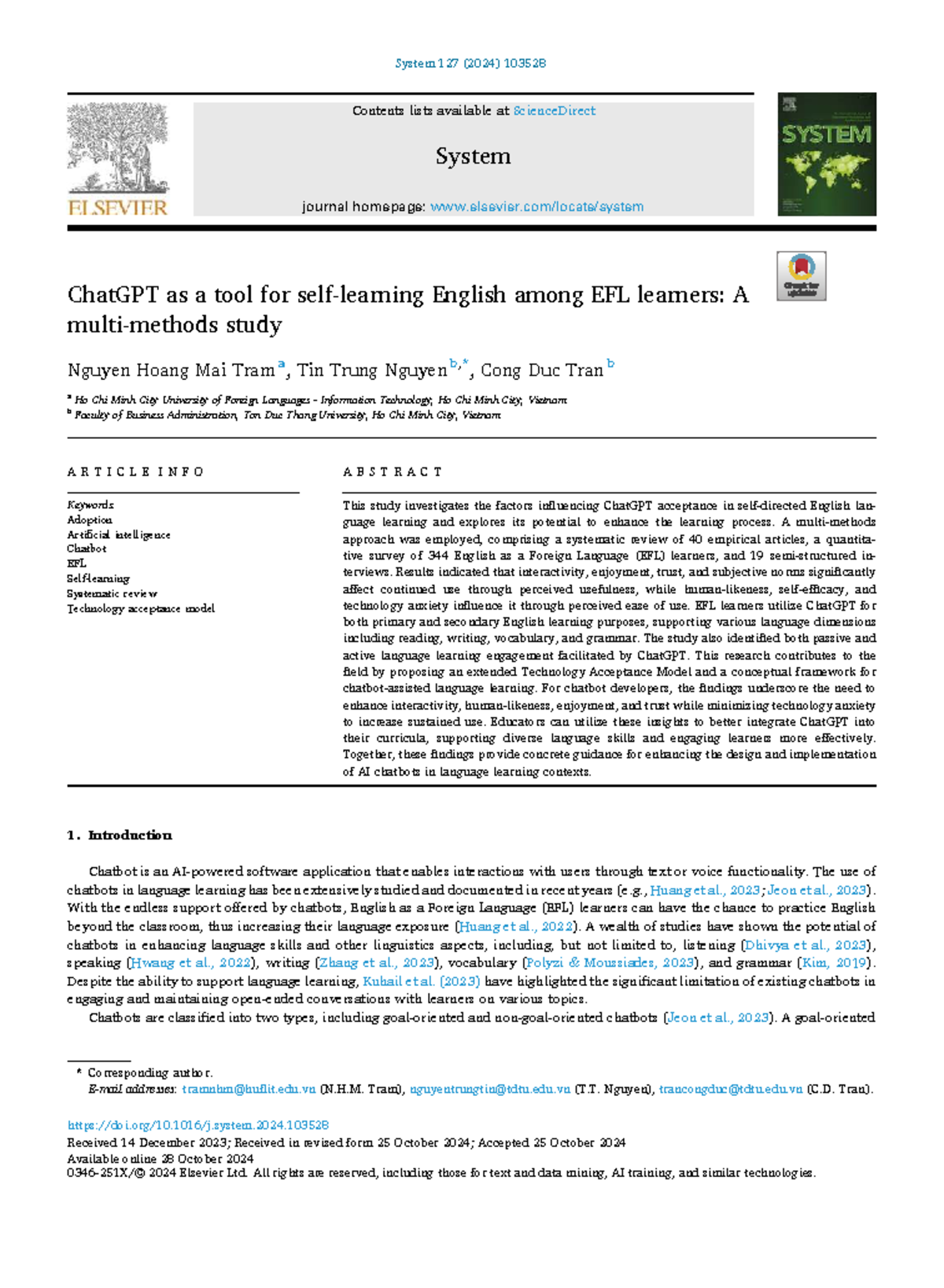 ChatGPT as a Language Learning Tool for EFL Learners: A Study (SYS 127 ...