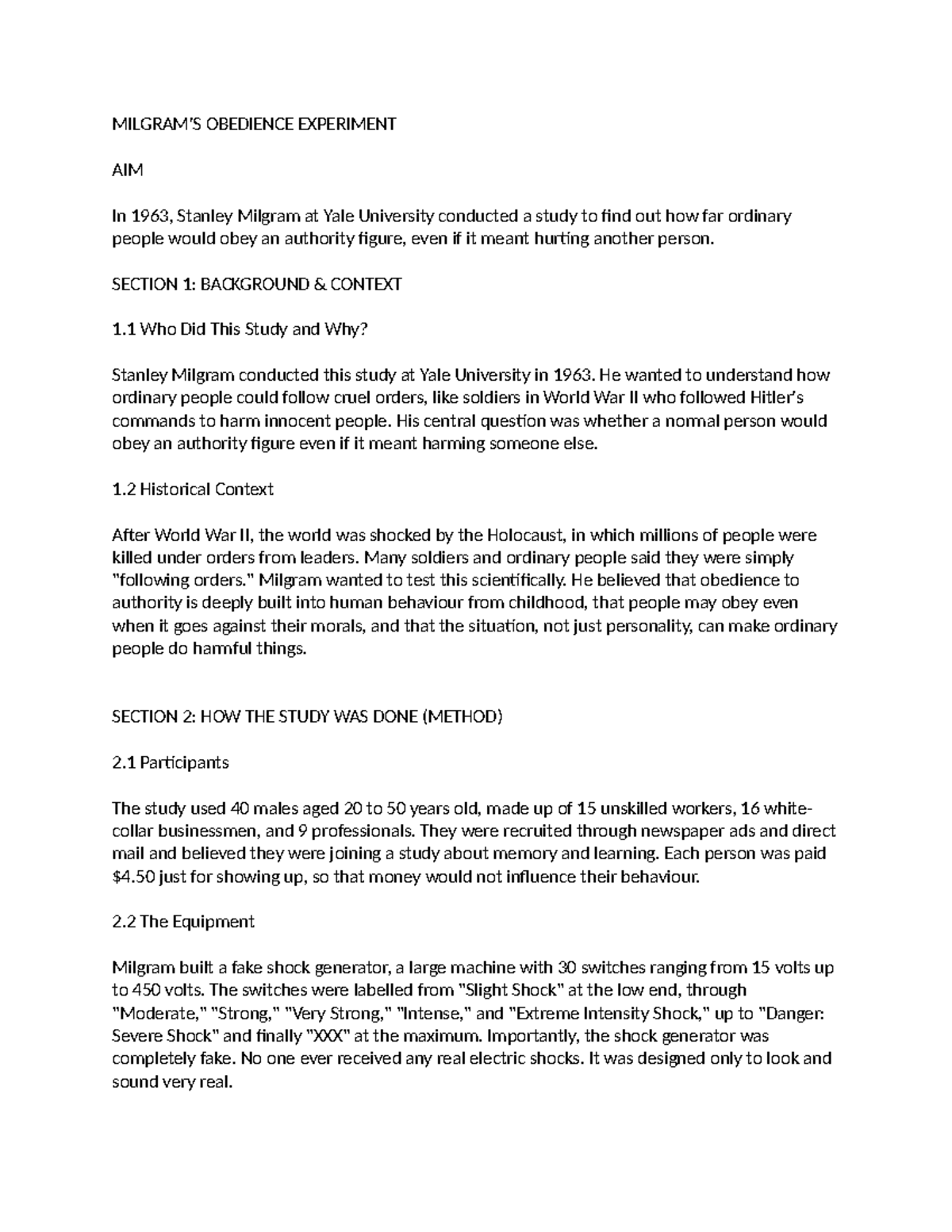 OBE 101: Milgram's Obedience Experiment - Study Notes - Studocu