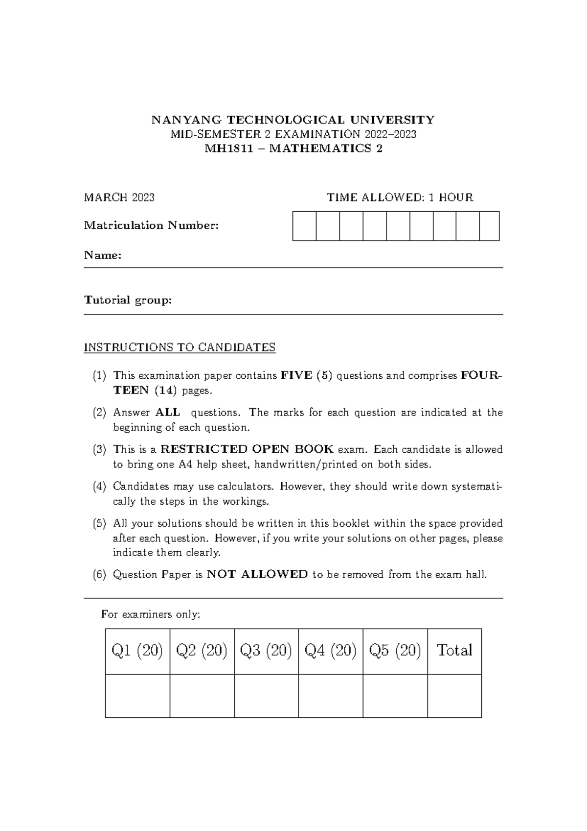 MH1811 Mathematics 2 Midterm Exam Paper March 2023 - Studocu
