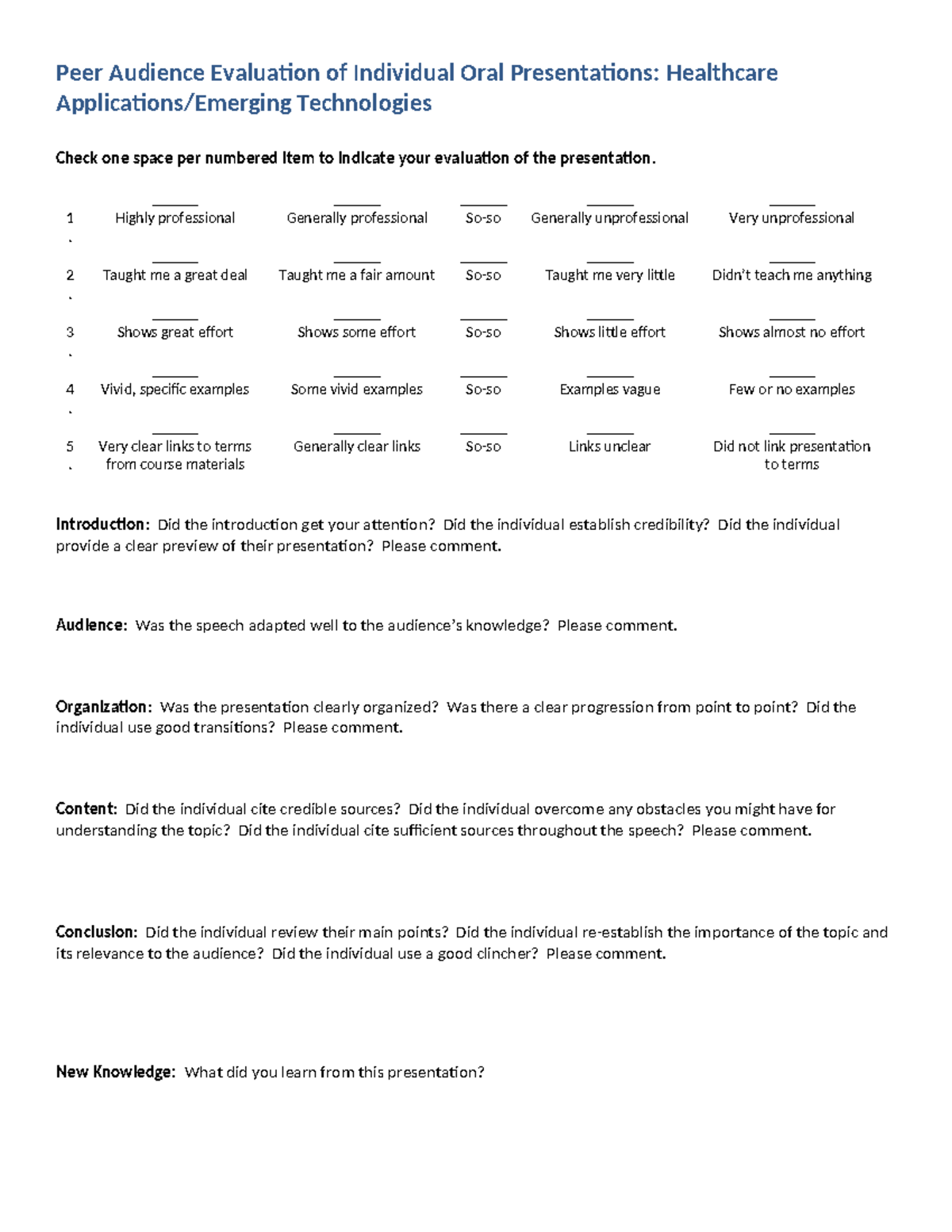 Peer Evaluation of Individual Oral Presentations: Healthcare Tech - Studocu