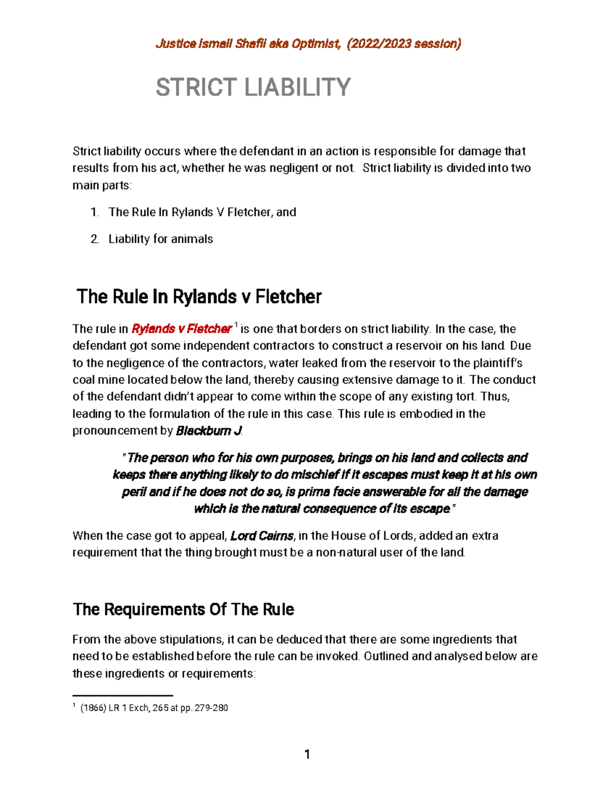 Strict Liability: Analysis of Rylands v. Fletcher and Animal Liability ...