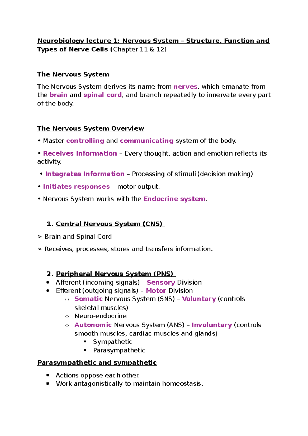 Neurobiology Lecture 1: Structure & Function of the Nervous System ...