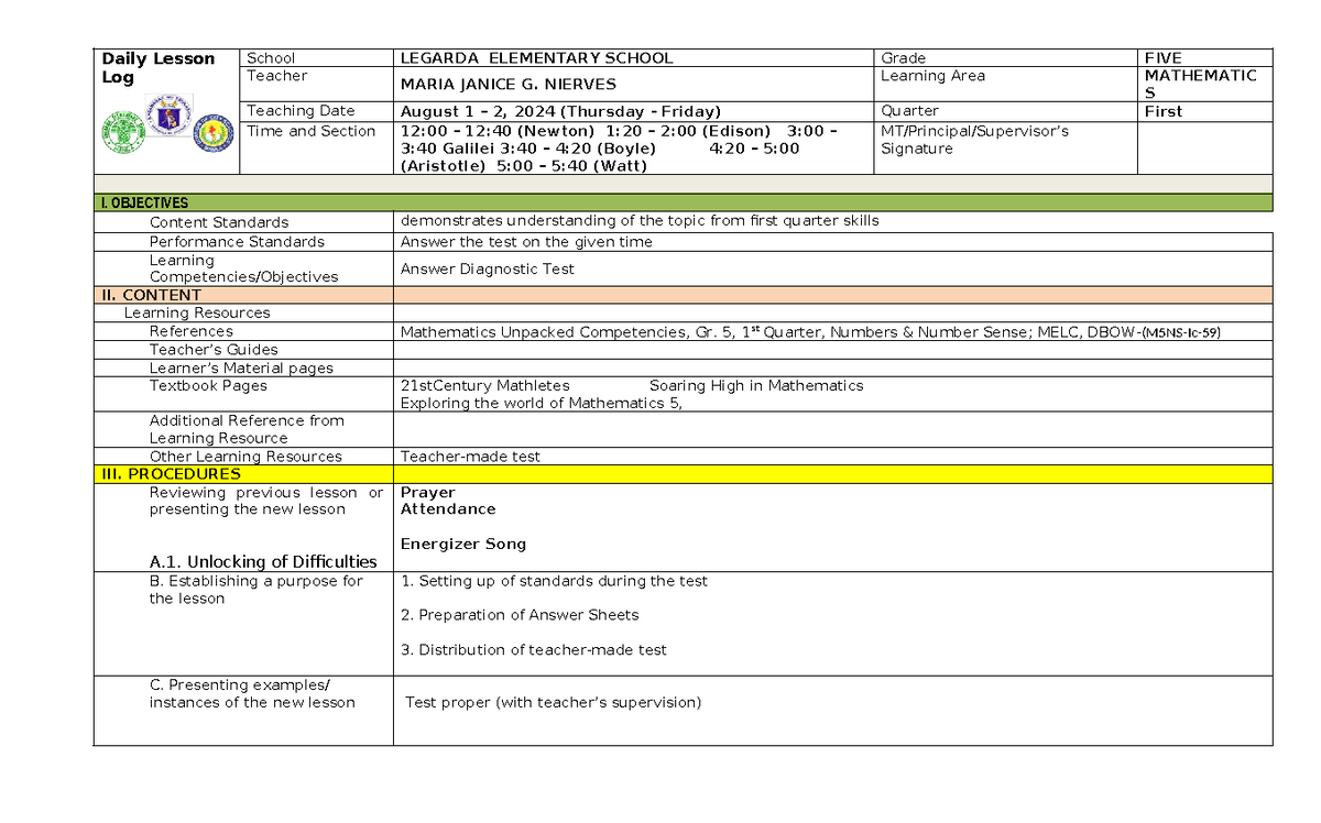 Answering Diagnostic test - Daily Lesson Log School LEGARDA ELEMENTARY ...