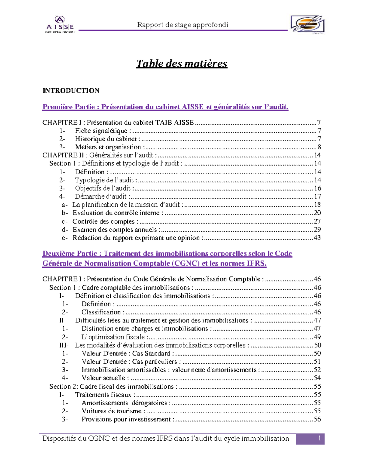 Rapport de Stage Approfondi C : Audit et Normes IFRS au Cabinet AISSE ...