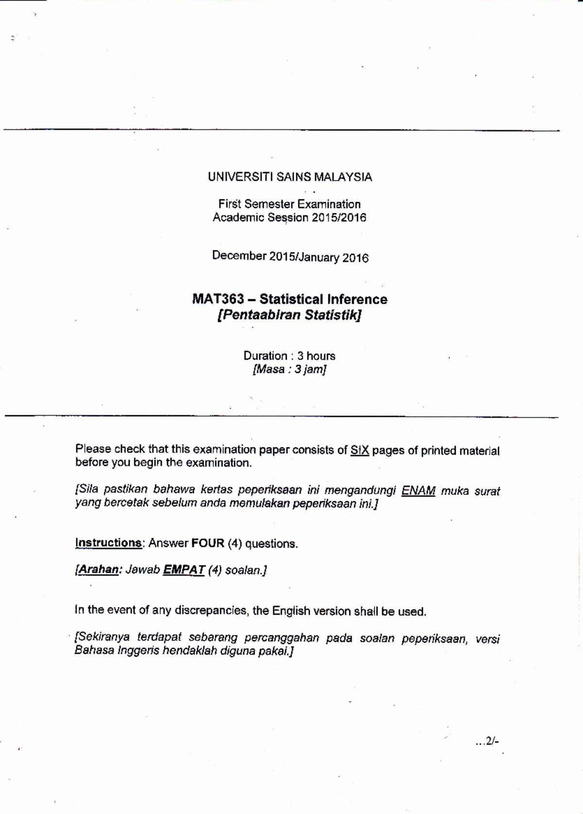 MAT 363 - Statistical Inference (Final Exam January 2016) Review - Studocu