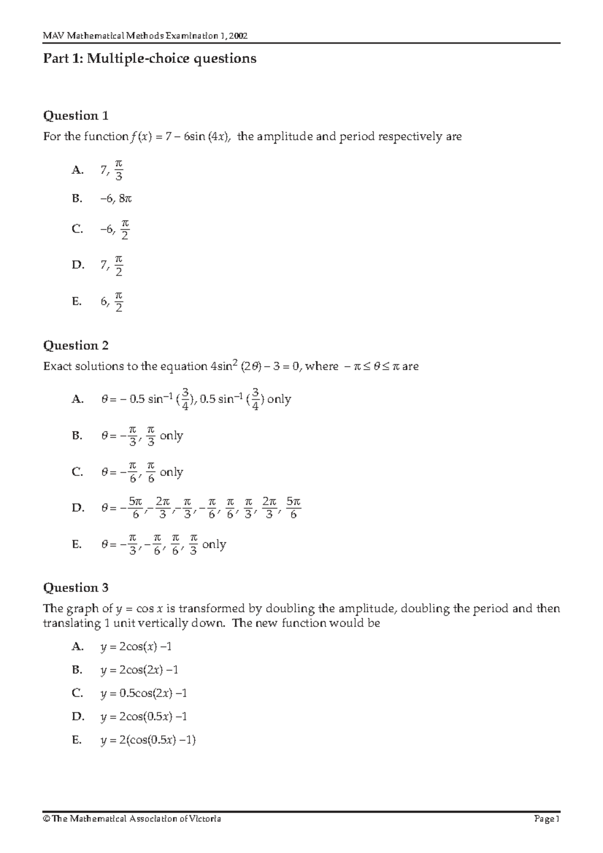 MAV Mathematical Methods Exam 1, 2002 - Questions & Solutions - Studocu