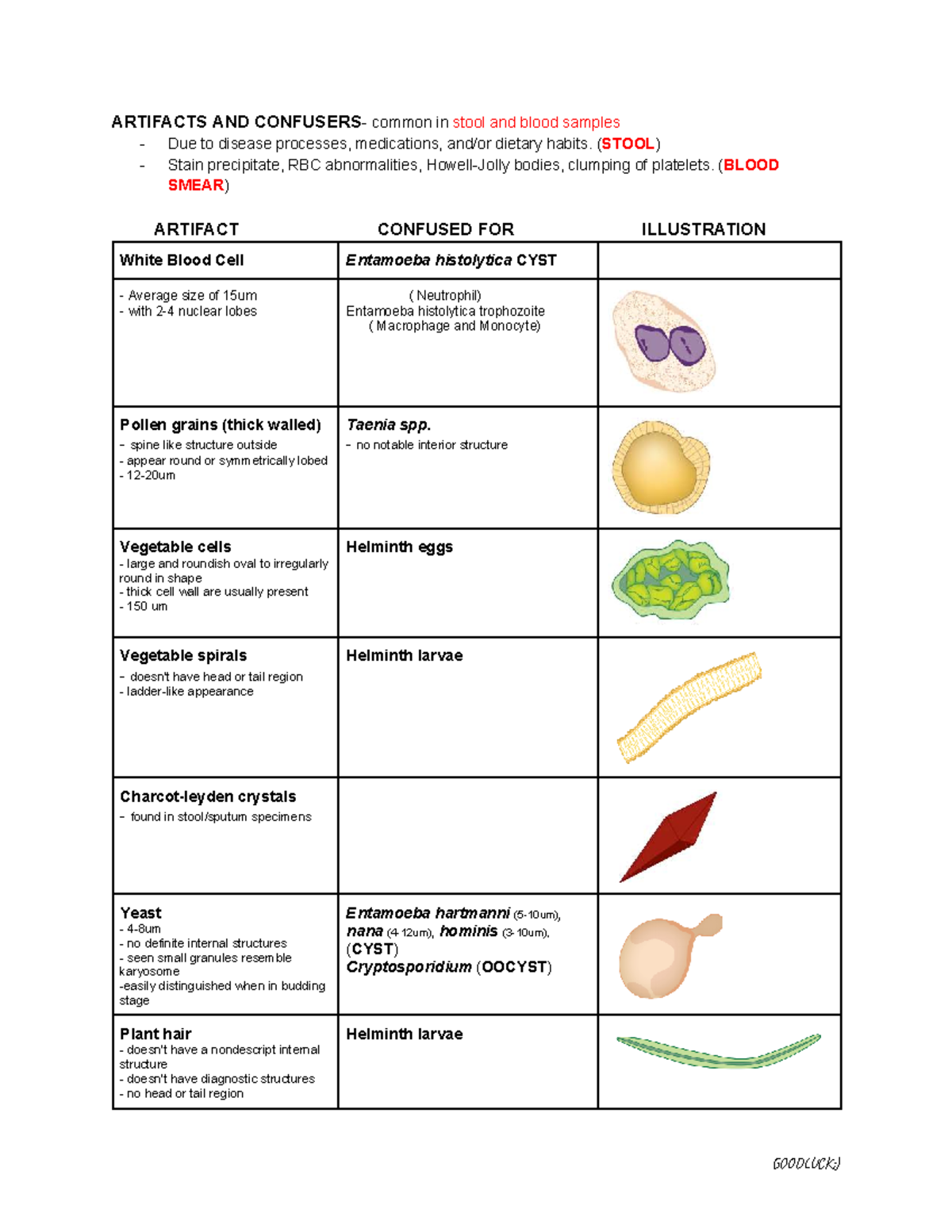 Artifacts & Confusers in Stool & Blood Samples (STOOL/BLOOD SMEAR ...