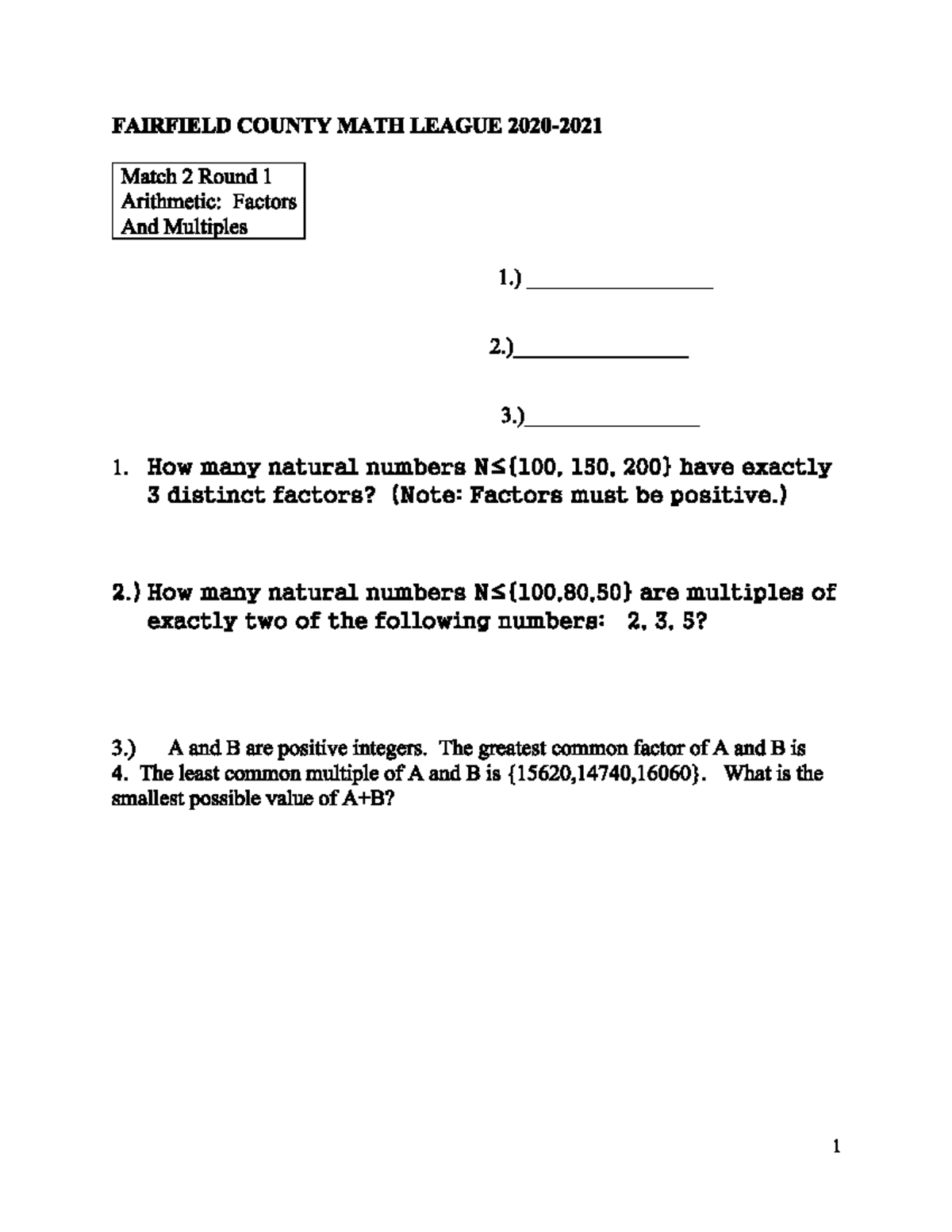 FAIRFIELD COUNTY MATH LEAGUE Match 2: Arithmetic, Algebra, and ...