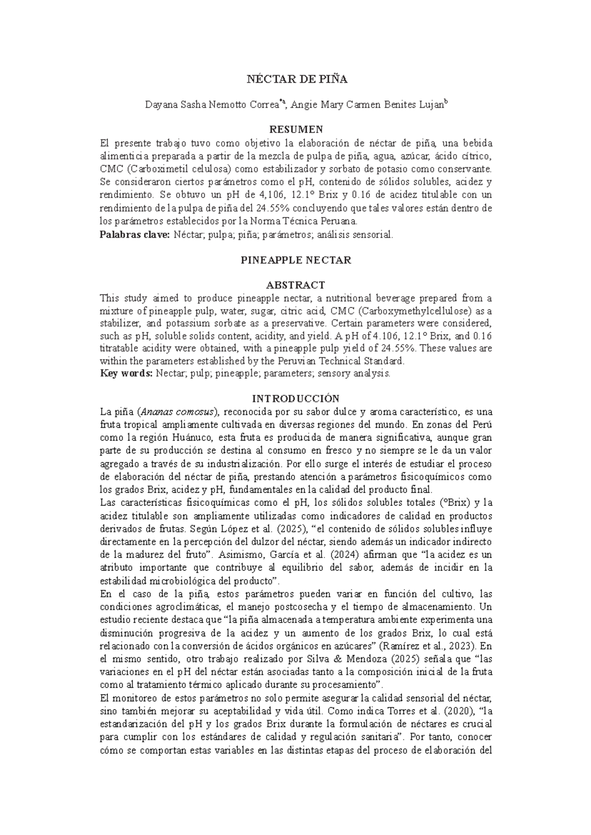 Elaboración de Néctar de Piña: Análisis Fisicoquímico y Resultados - Document Preview
