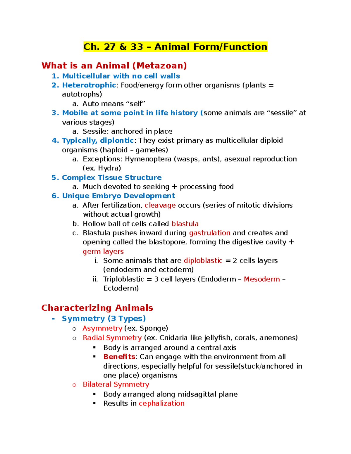 Ch. 27 & 33 – Animal Form and Function Overview - Ch. 27 & 33 – Animal ...