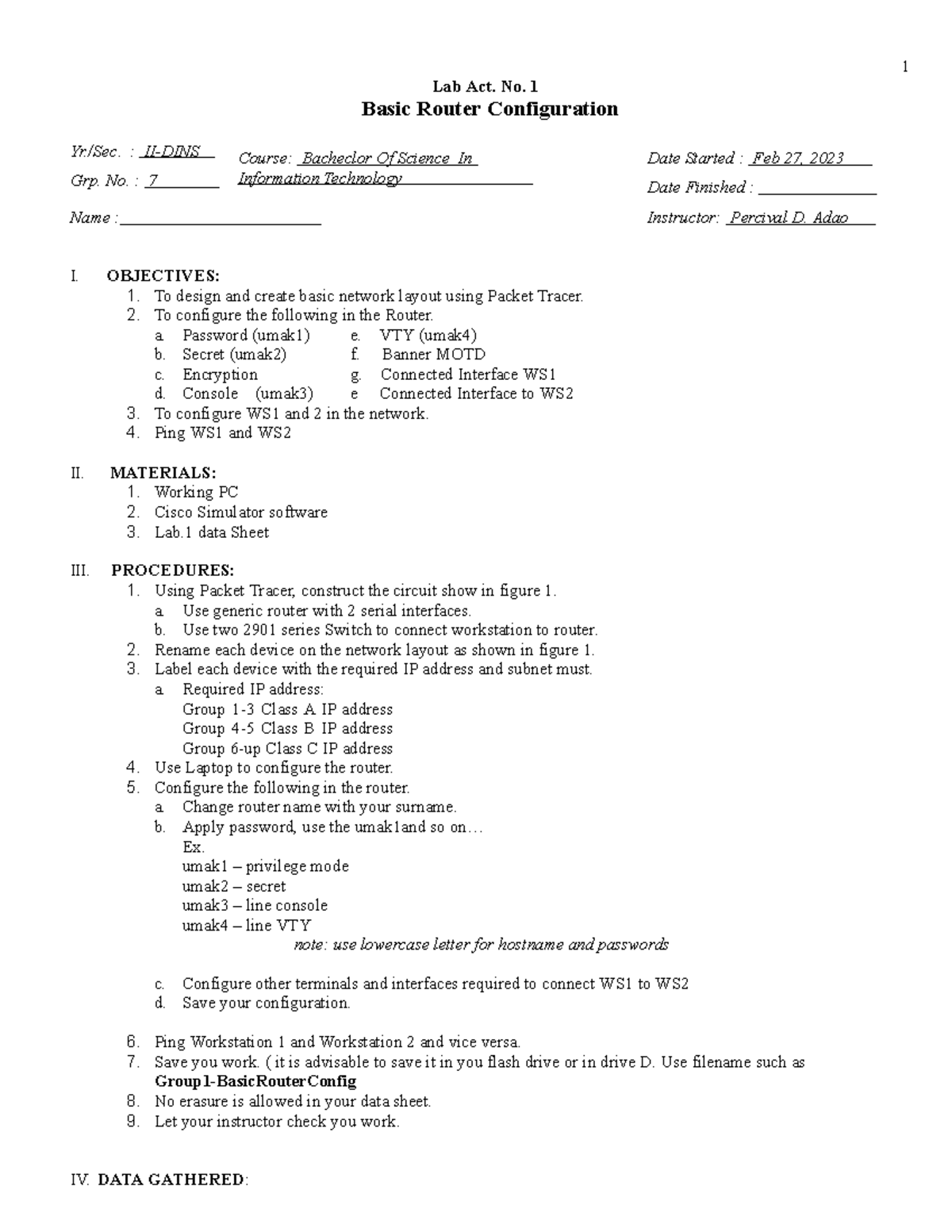 Activity No. 1: Intro to Basic Router Config. - BSIT II-DINS - Studocu