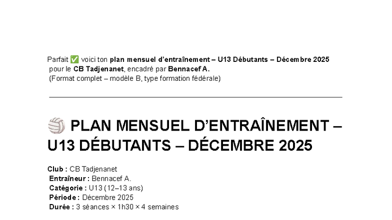 Plan Mensuel U13 Débutants Décembre 2025 Pour Cb Tadjenanet Studocu