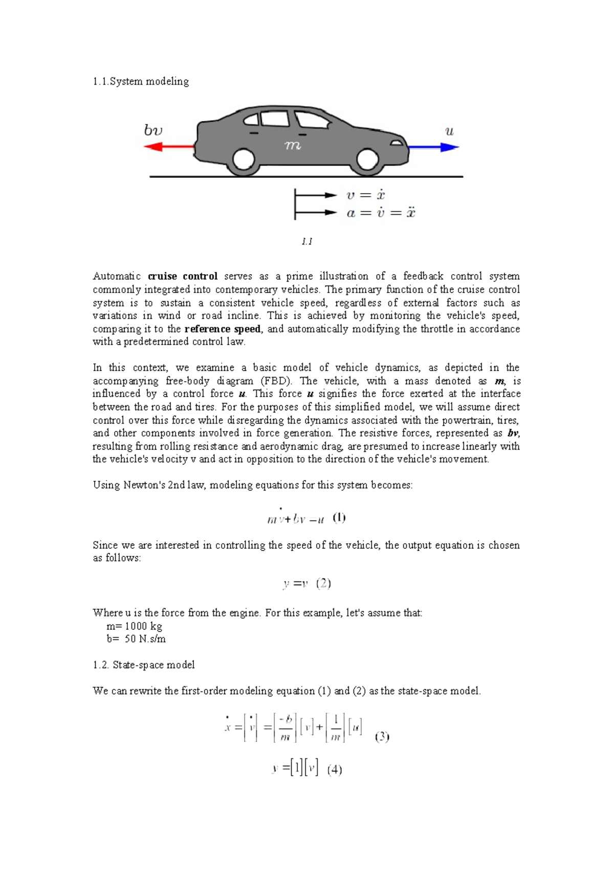 1.1. System Modeling: Automatic Cruise Control Dynamics Analysis - Studocu