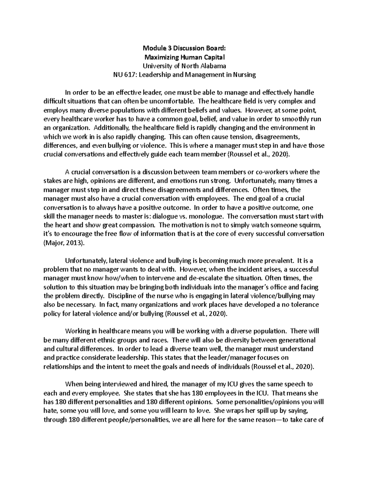 NU 617 Module 3 Discussion: Leading Through Difficult Conversations ...