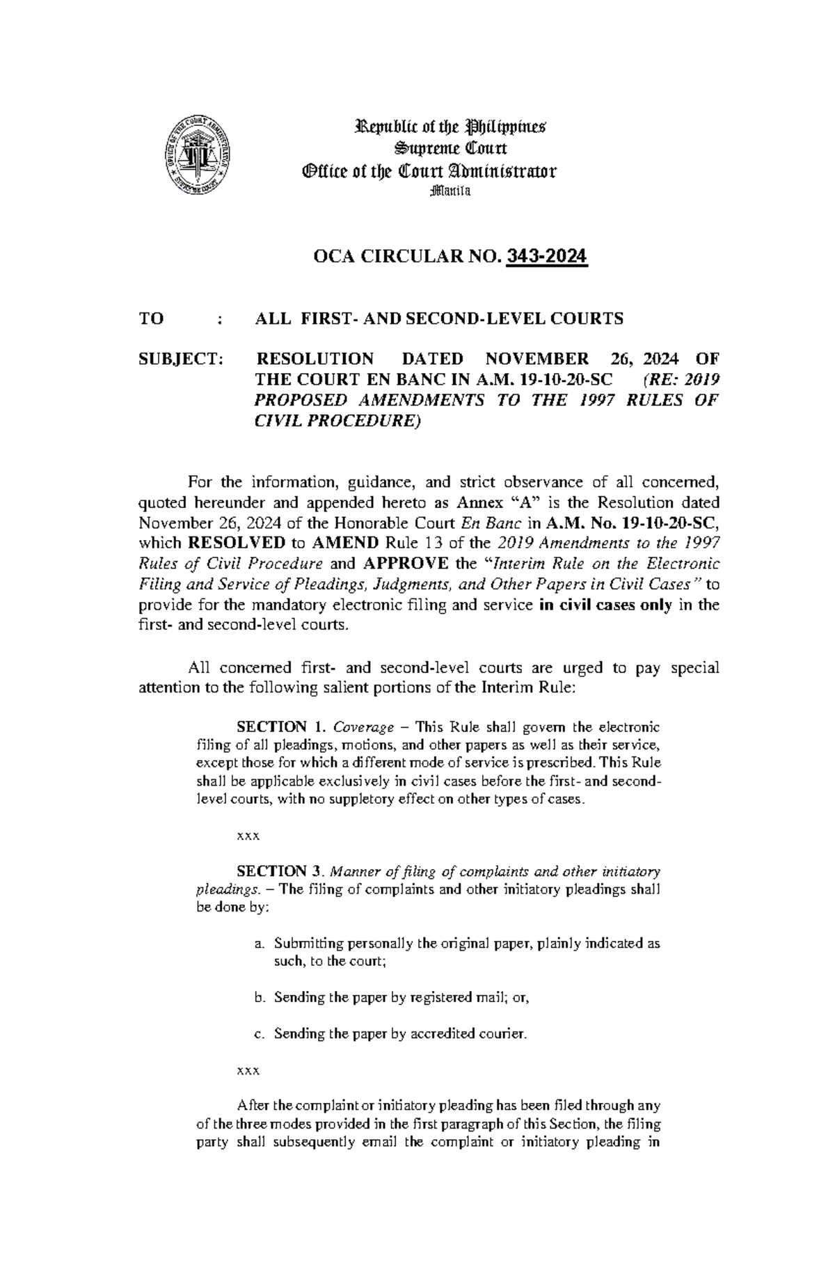 OCA Circular No. 343-2024: Amendments to the 1997 Rules of Civil ...