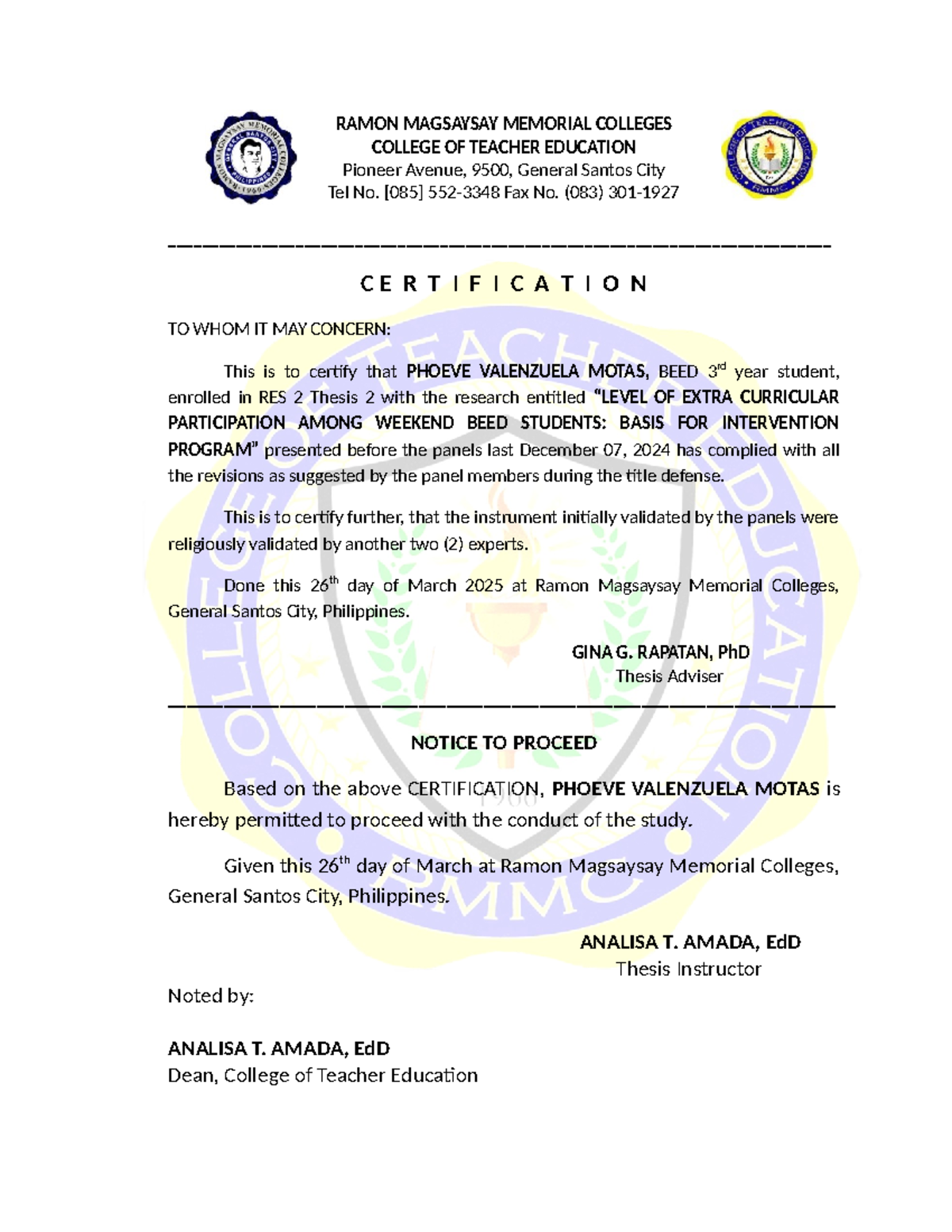 Sample COPY- Endorsementnotice-TO- Proceed Letter - RAMON MAGSAYSAY ...