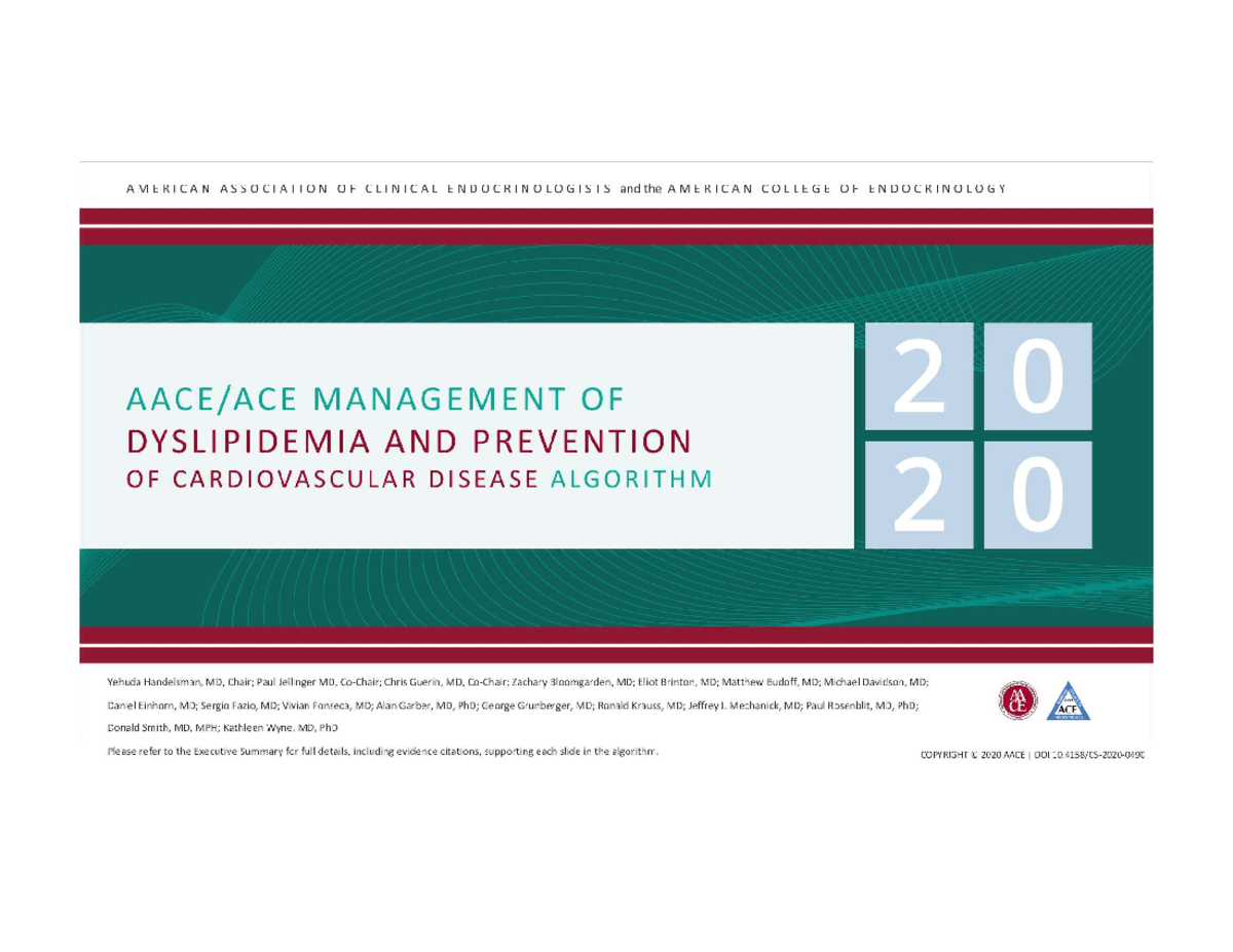 AACE Dyslipidemia Management Algorithm 2020: Executive Summary - Studocu