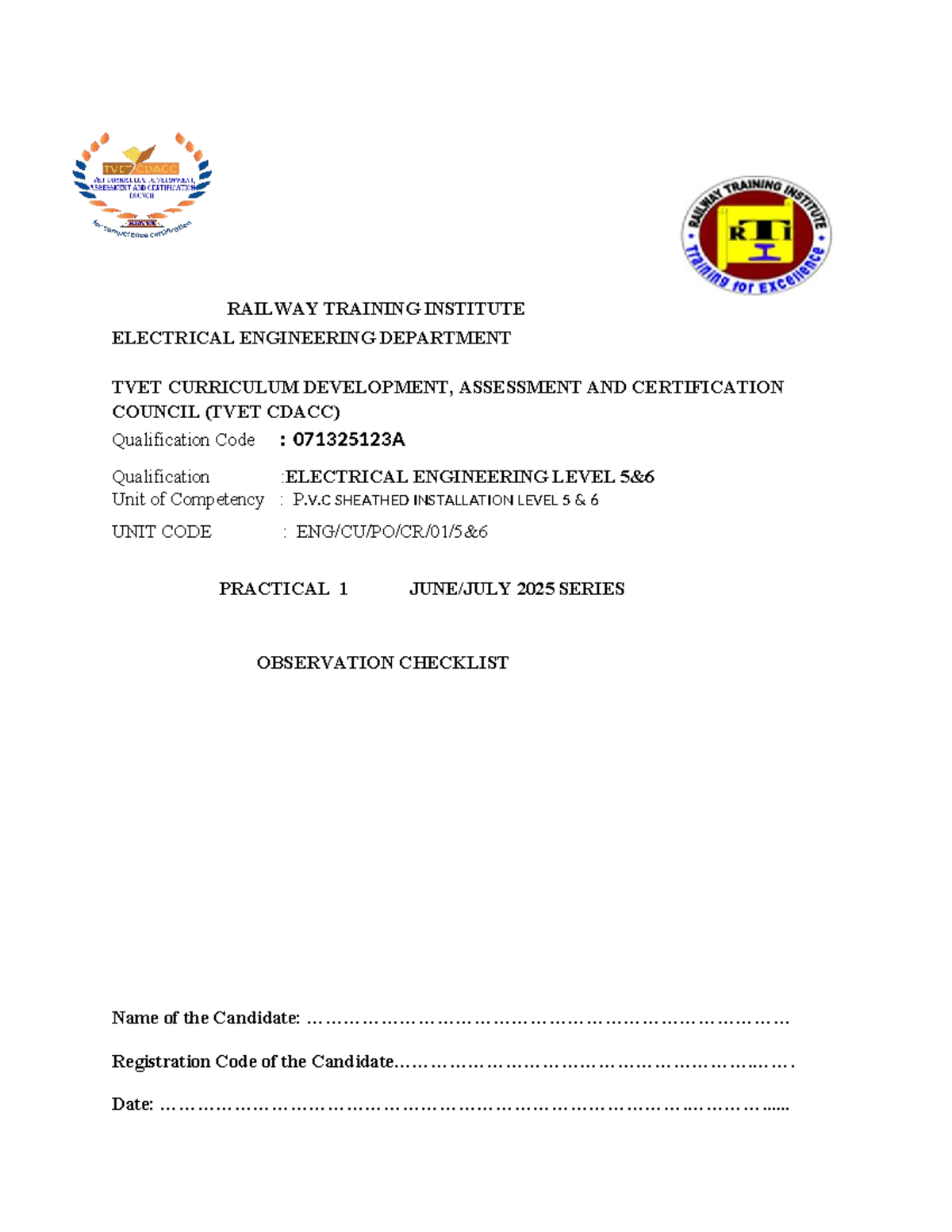 TVET 071325123A Electrical Engineering Level 5 PVC Sheathed Cables ...