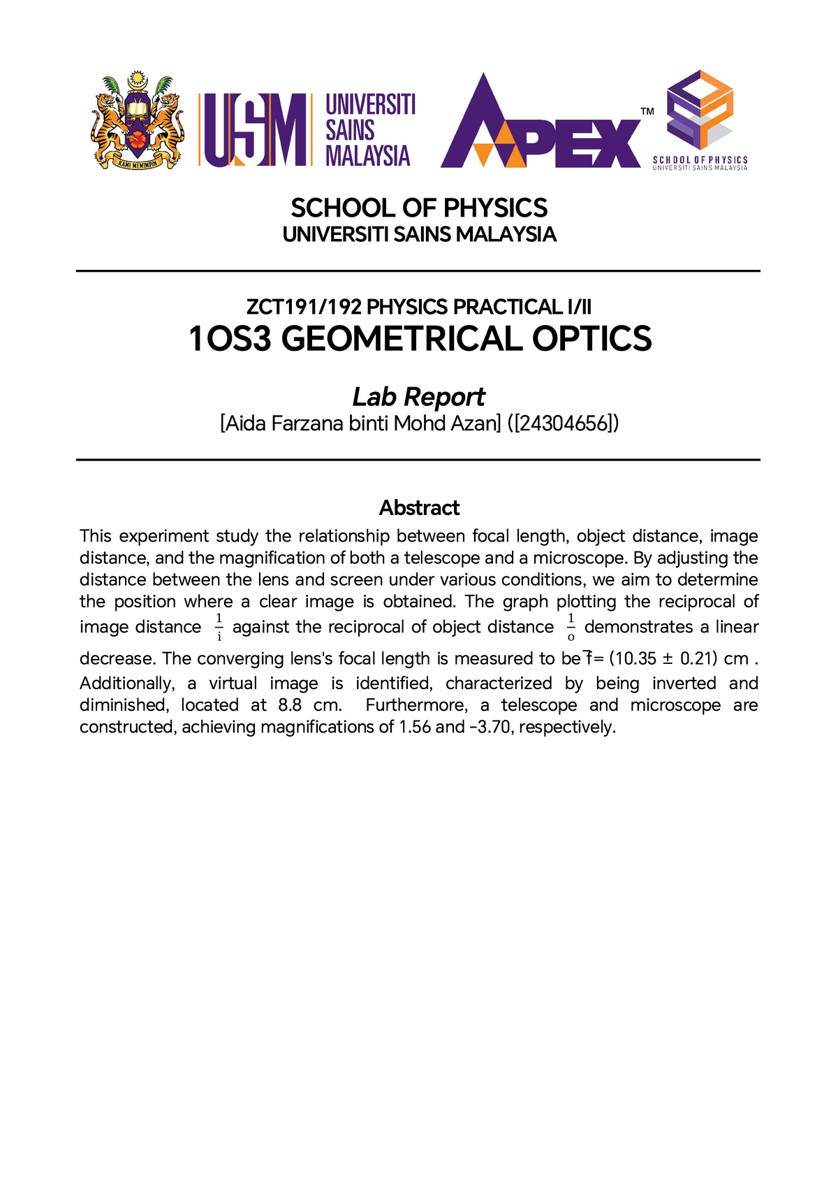 Final Lab Report for 1OS3: Geometrical Optics Experiment - Studocu