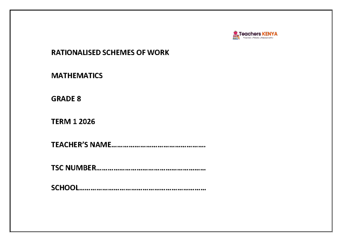 TERM 1 2026 GRADE 8 MATHEMATICS SCHEMES OF WORK - Studocu