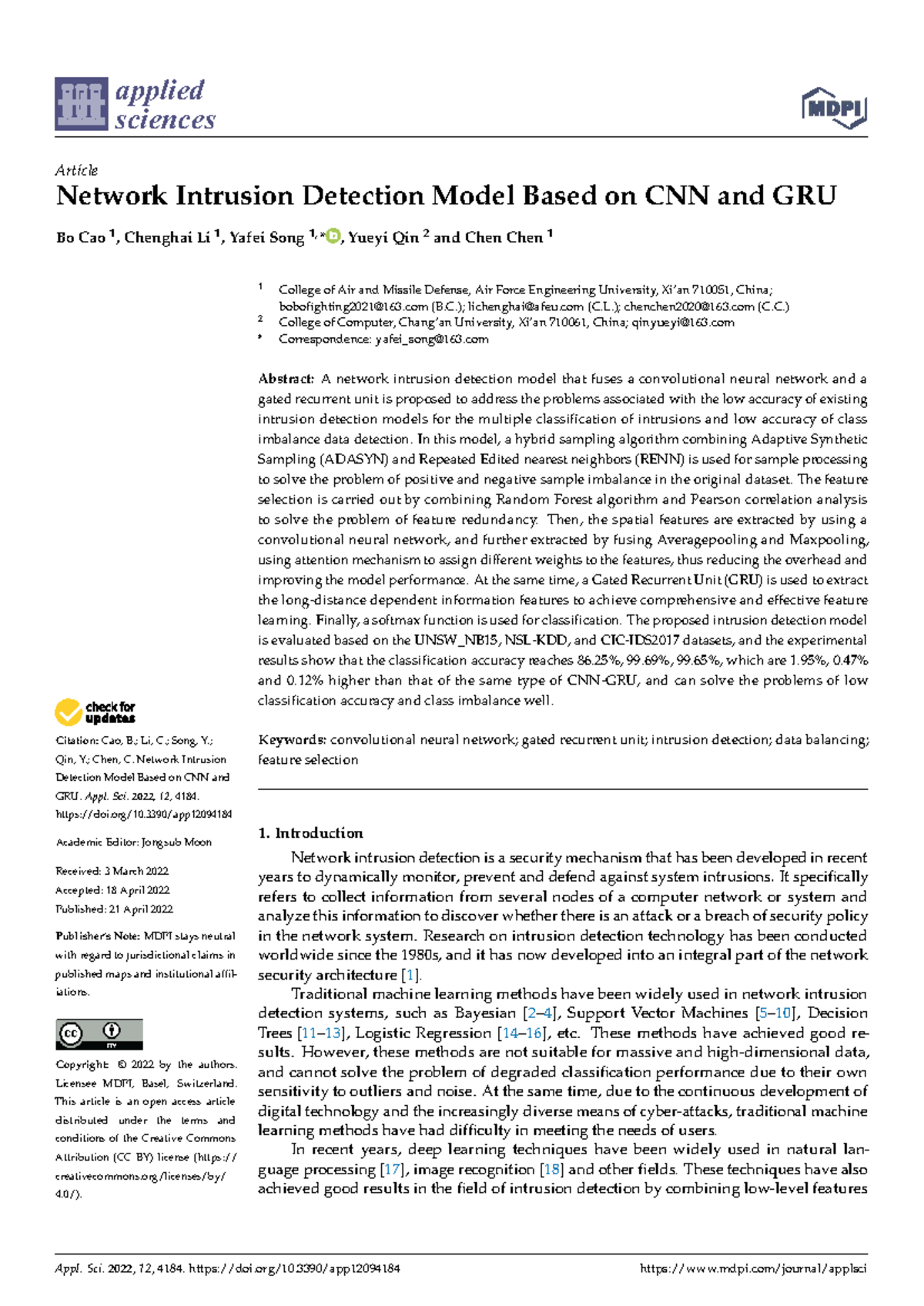 Applied Sciences 12: Network Intrusion Detection Model Using CNN & GRU ...