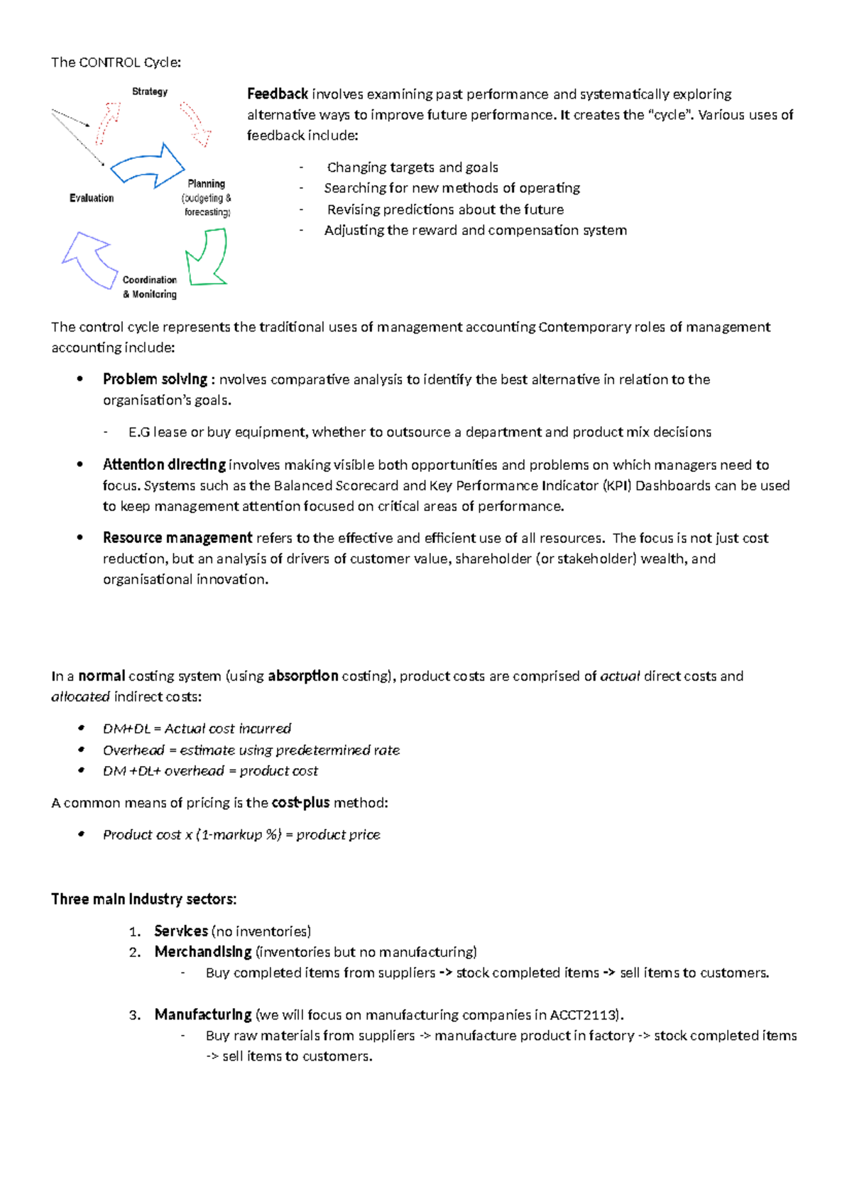 2113ACCT Notes - The CONTROL Cycle: Feedback involves examining past ...