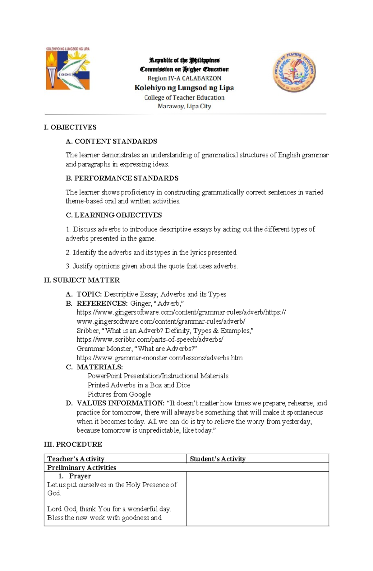 04 Reference English Detailed Lesson Plan: Teaching Adverbs - Studocu
