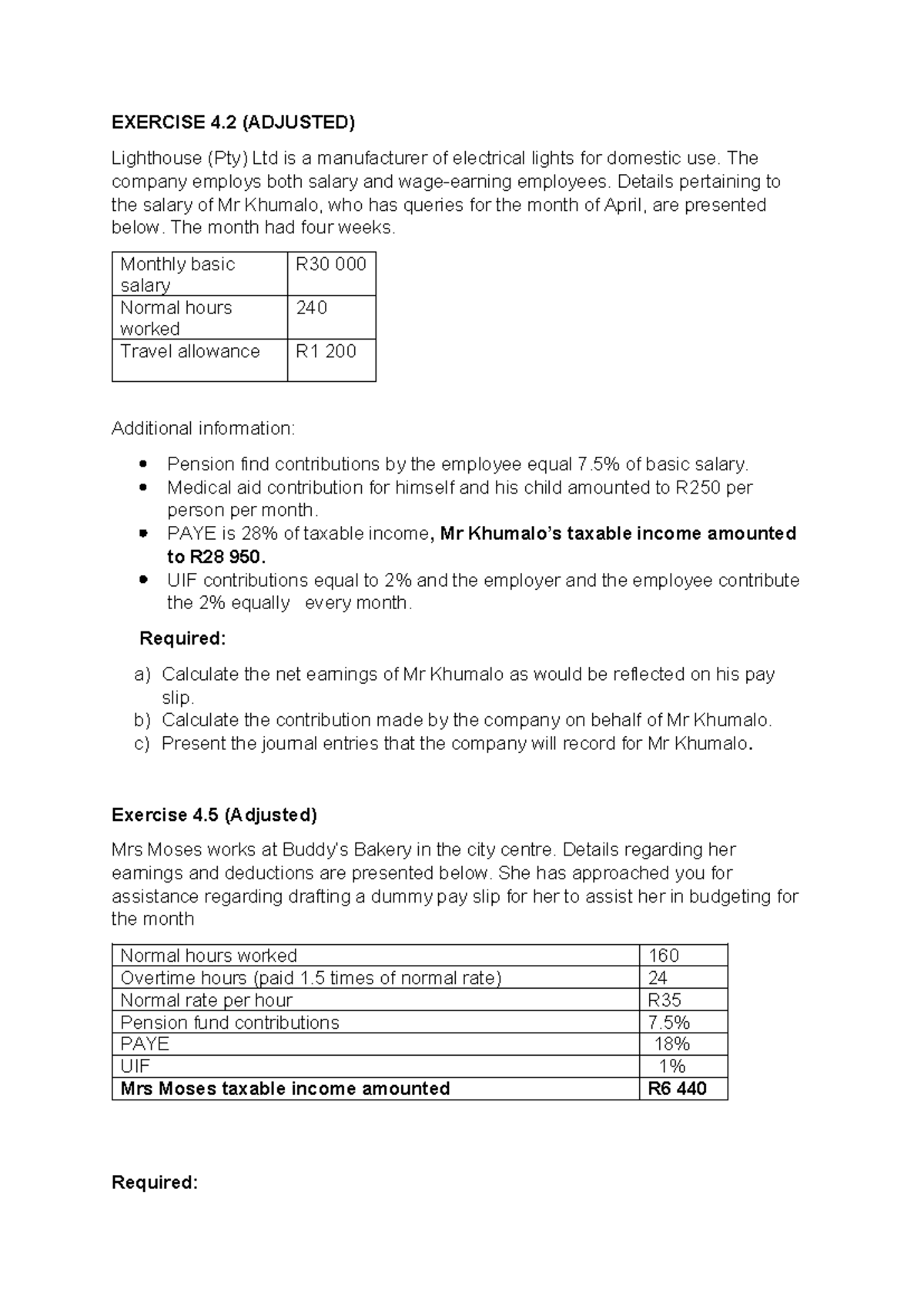 Handout CH4 exercises: Payroll calculations and analysis - Studocu