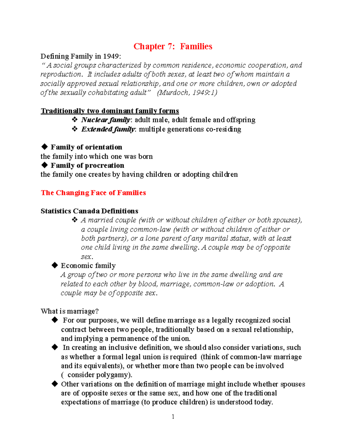 Notes for the students on Families-1 - Chapter 7: Families Defining ...