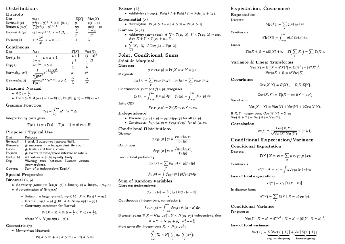 Cheatsheet: Distributions Overview for Stats 101 - Studocu