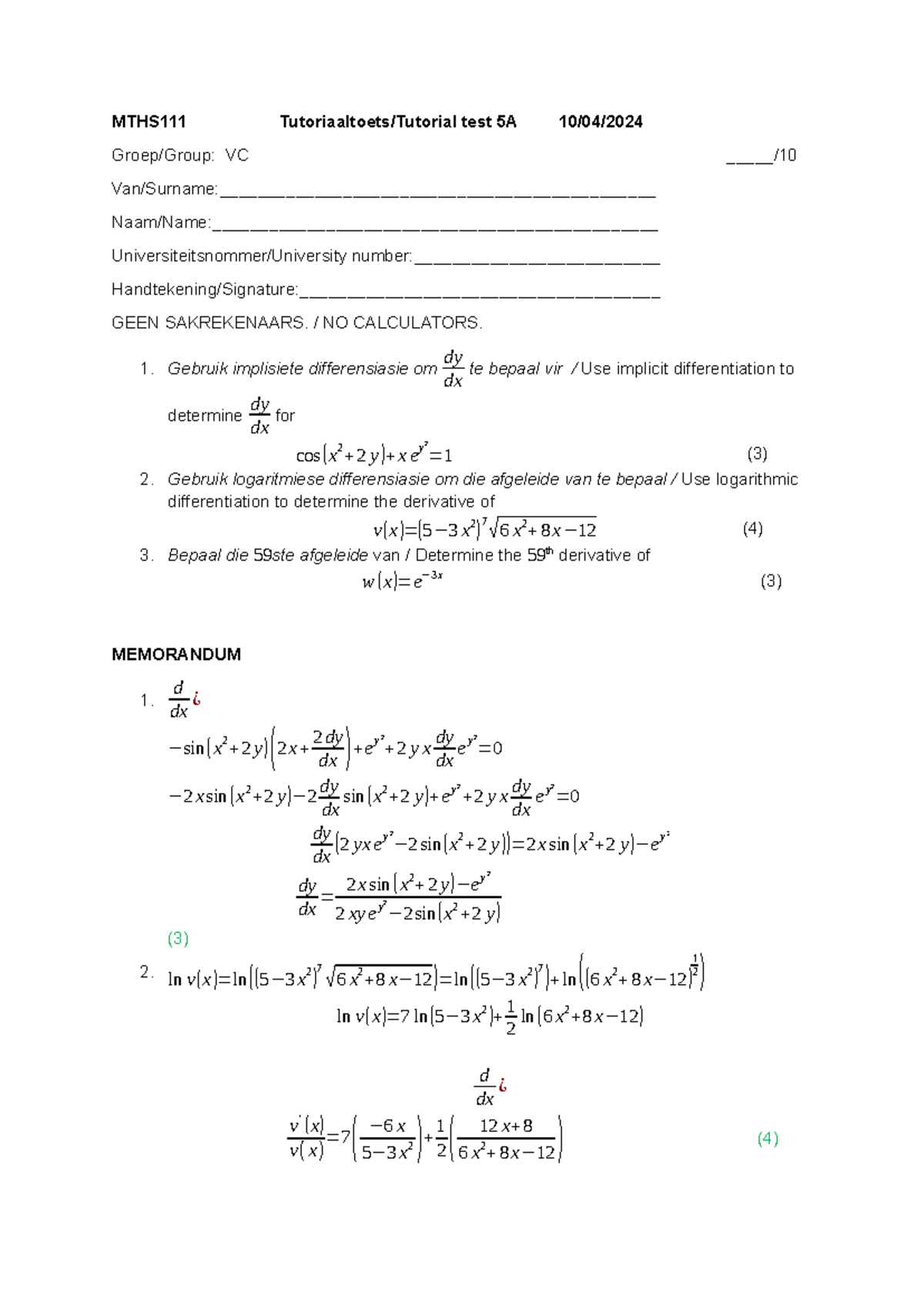 MTHS111 Tutorial test 5A and 5B memorandum 2024 - Studocu