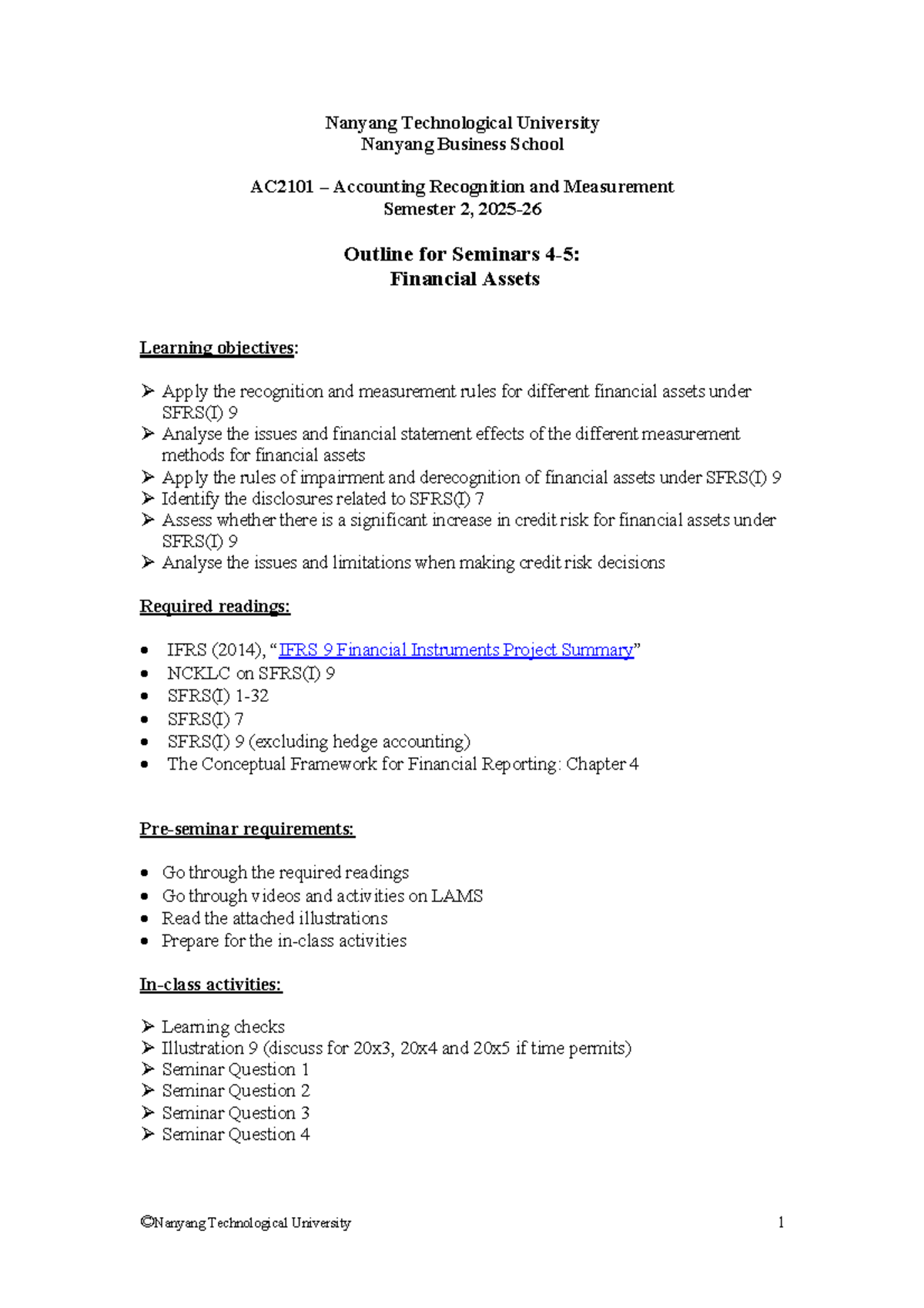 AC2101 Seminar 4-5 Financial Assets Recognition & Measurement Outline ...