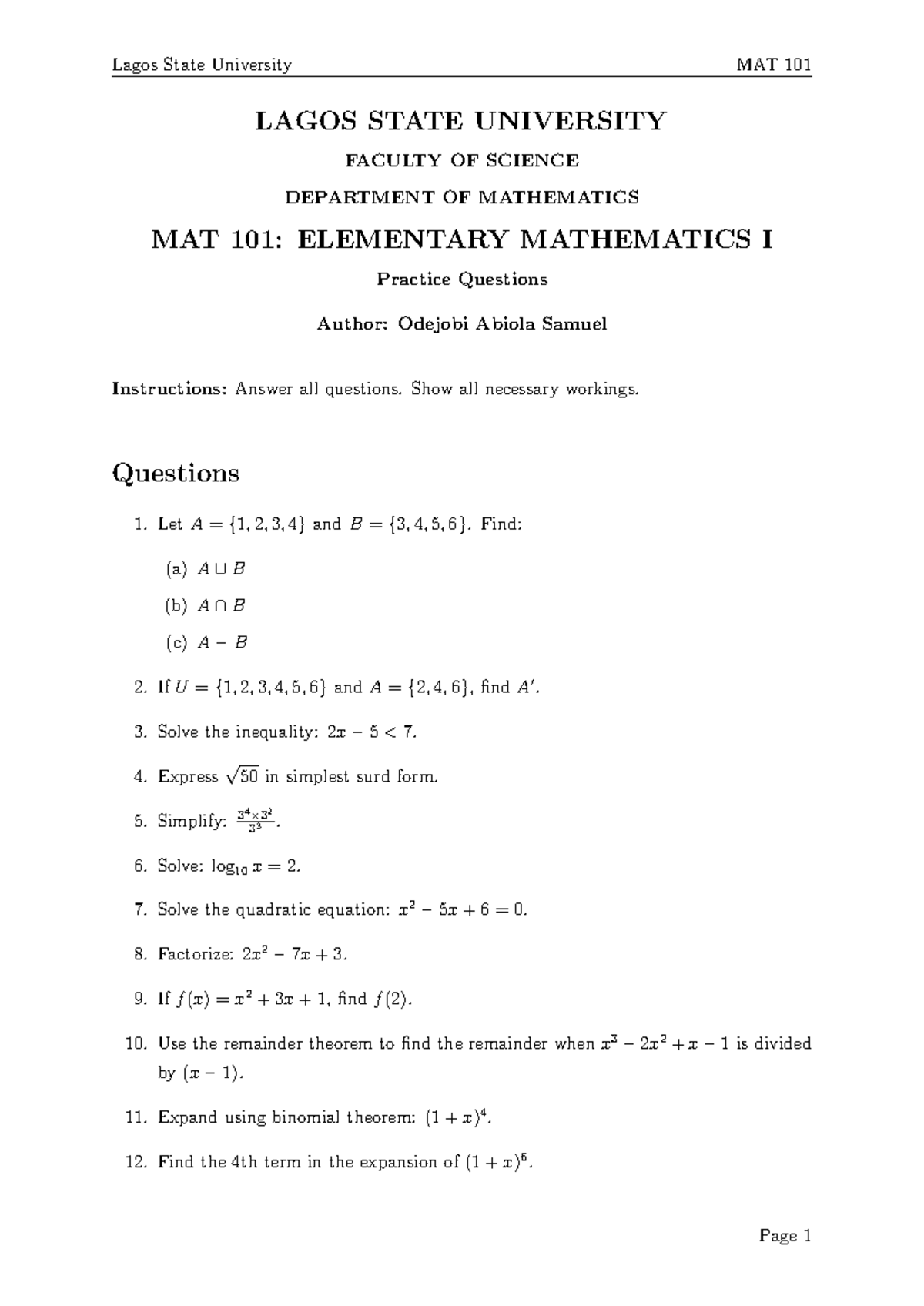 MAT 101: Practice Questions for Elementary Mathematics I - Studocu