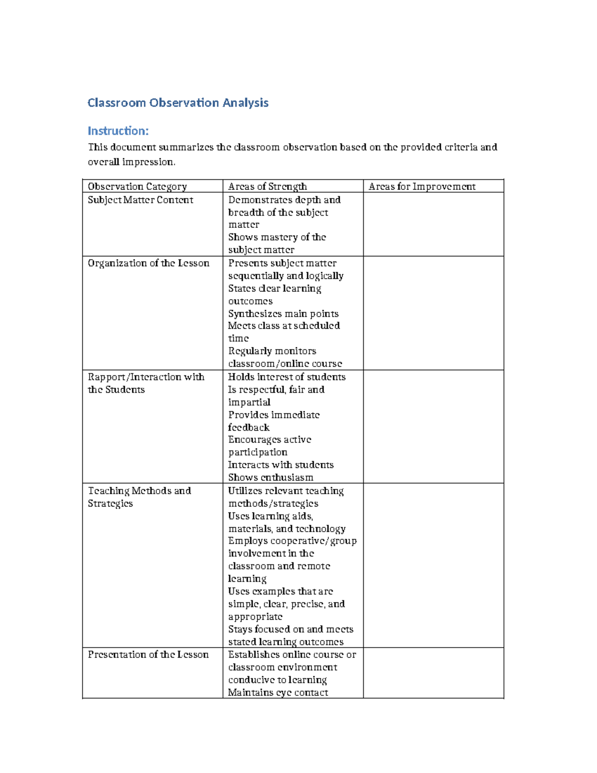 Classroom Observation Analysis: Key Insights and Recommendations - Studocu