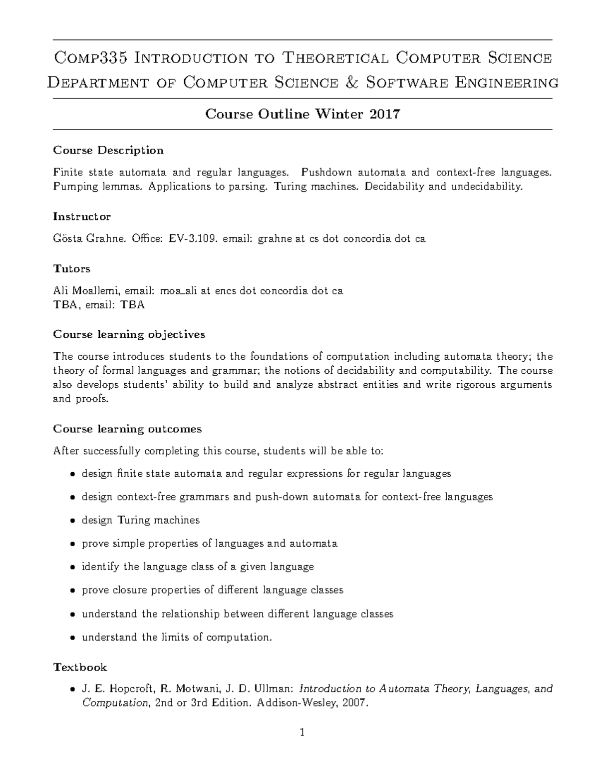COMP 335 Course Outline - Comp335 Introduction to Theoretical Computer ...