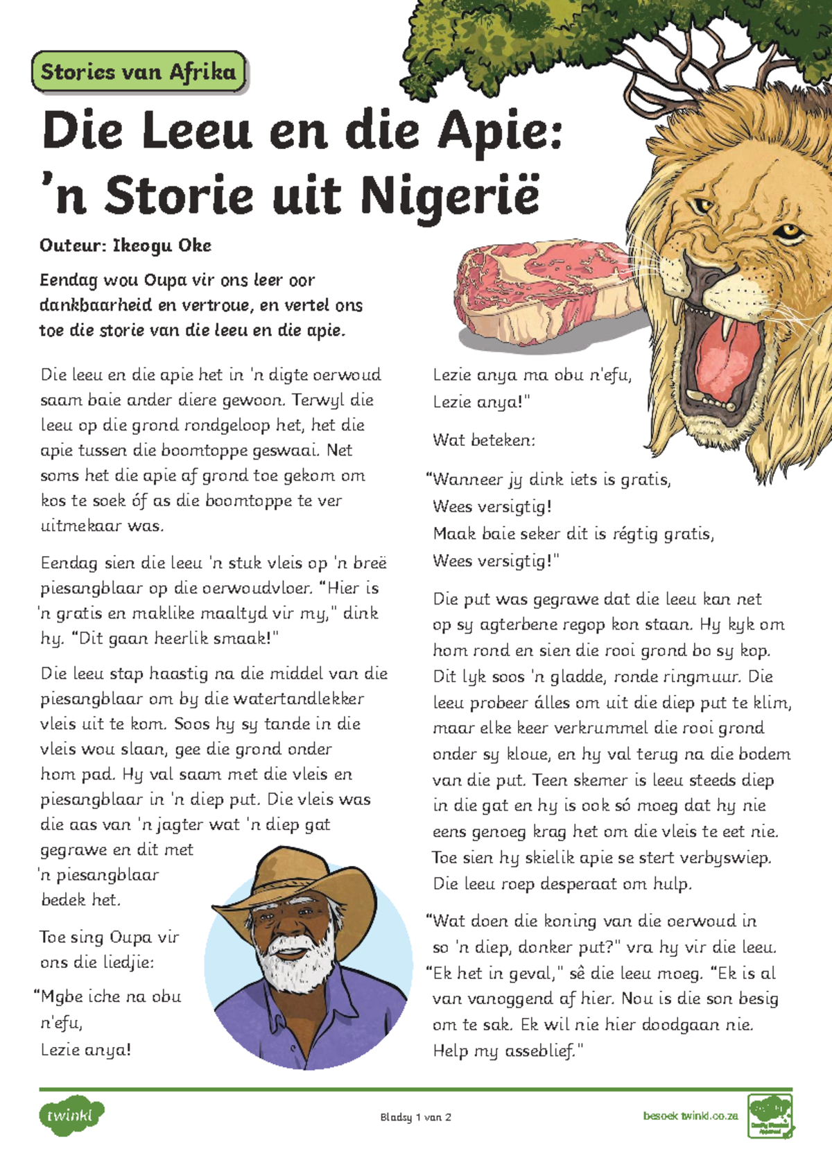 Die Leeu en die Apie: 'n Begripstoets van die Storie uit Nigerië - Studocu
