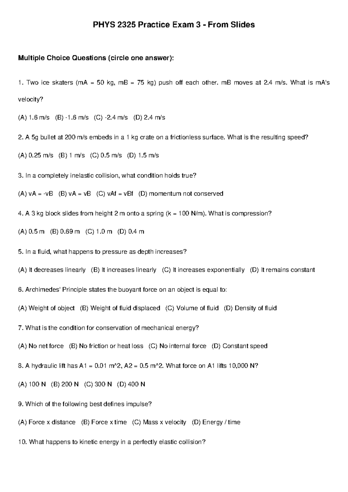 PHYS 2325 Practice Exam 3: Multiple Choice Questions Review - Studocu