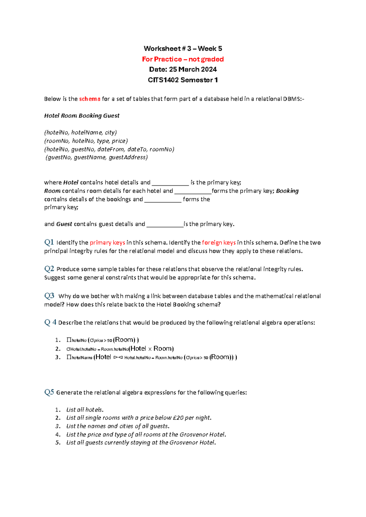 CITS1402 Worksheet 3 Week 5 Practice Questions on DBMS - Studocu