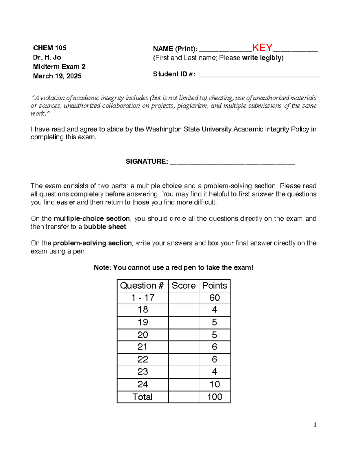 CHEM 105 Midterm Exam 2 Study Guide - March 2025 - NAME (Print ...
