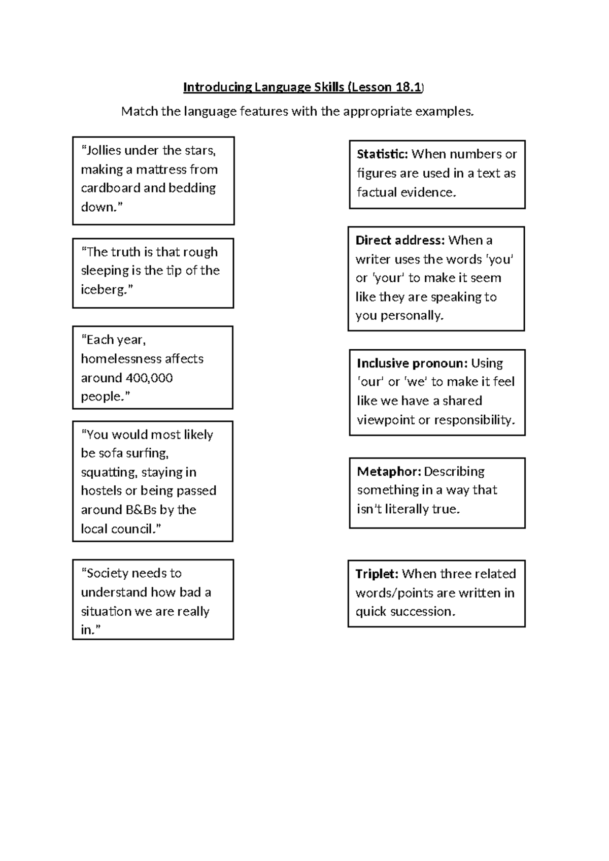 Introducing Language Skills: Match the Features Worksheet (Lesson 18.1 ...