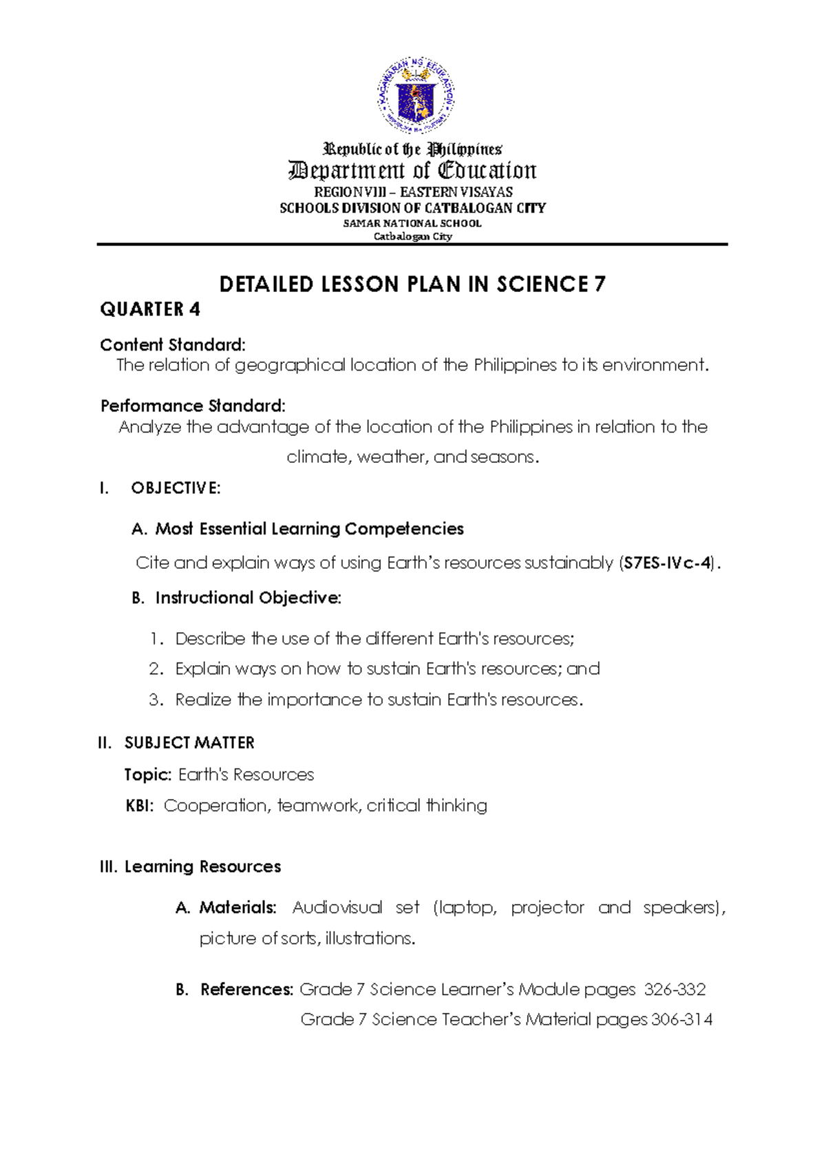 Detailed Lesson Plan in Earth Resources for G7 Science 7 - Studocu