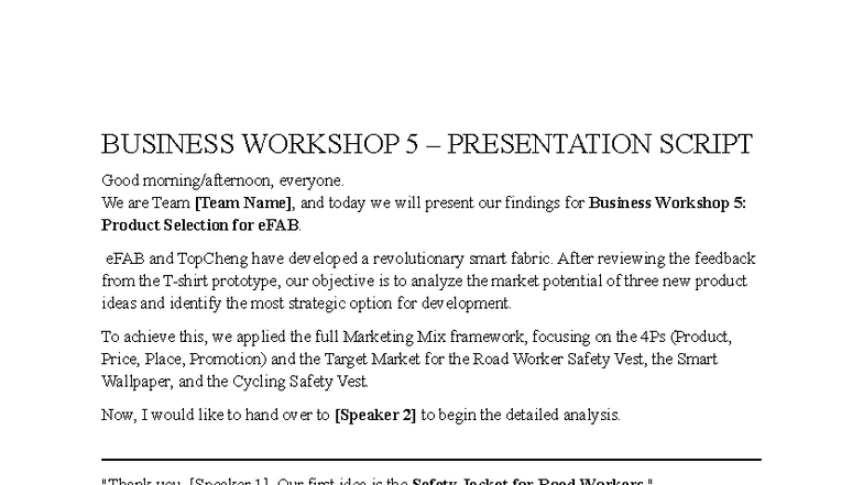 BUSINESS WORKSHOP 5: Product Selection Presentation Script - Studocu