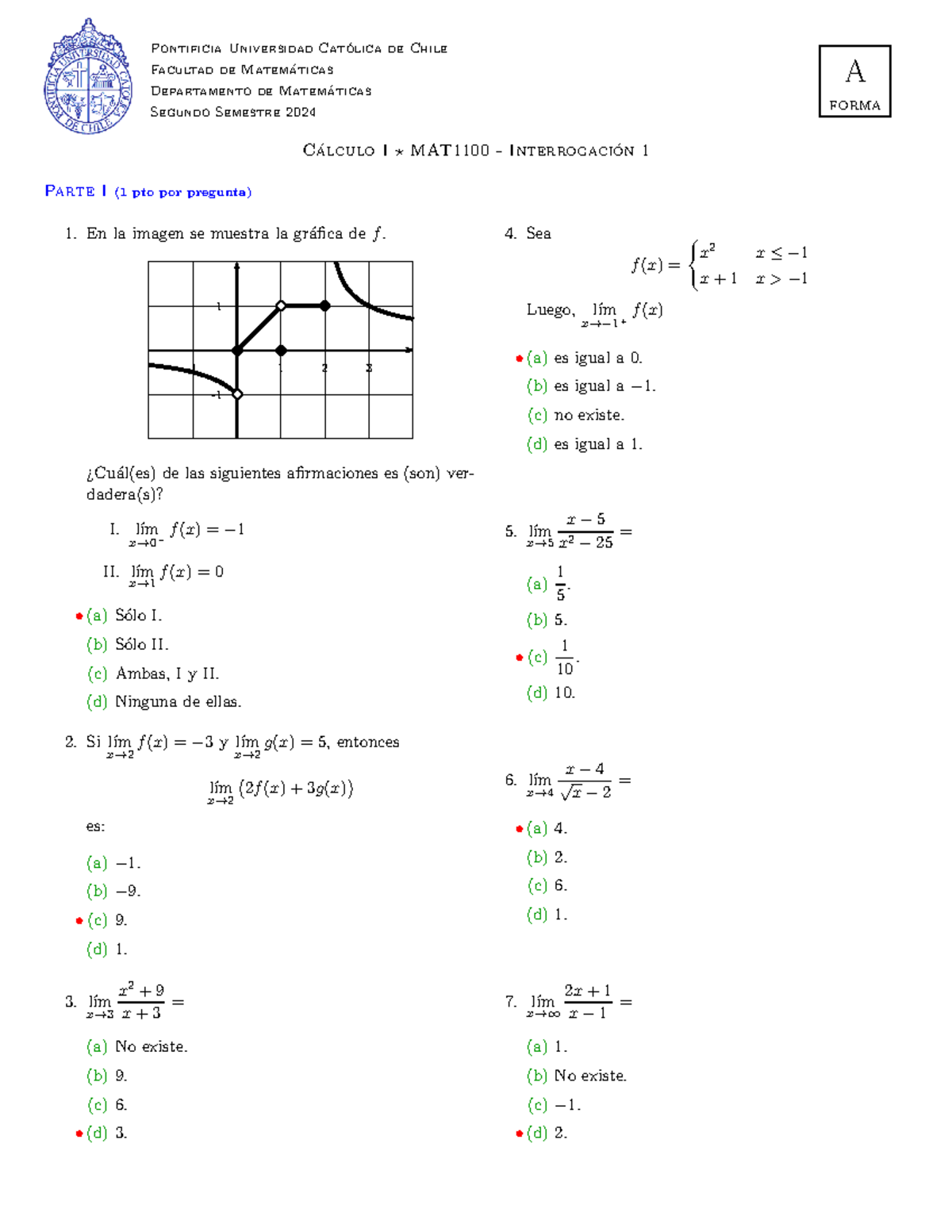 Interrogación 1 - Cálculo I ⋆ MAT1100 - Segundo Semestre 2024 - Document Preview