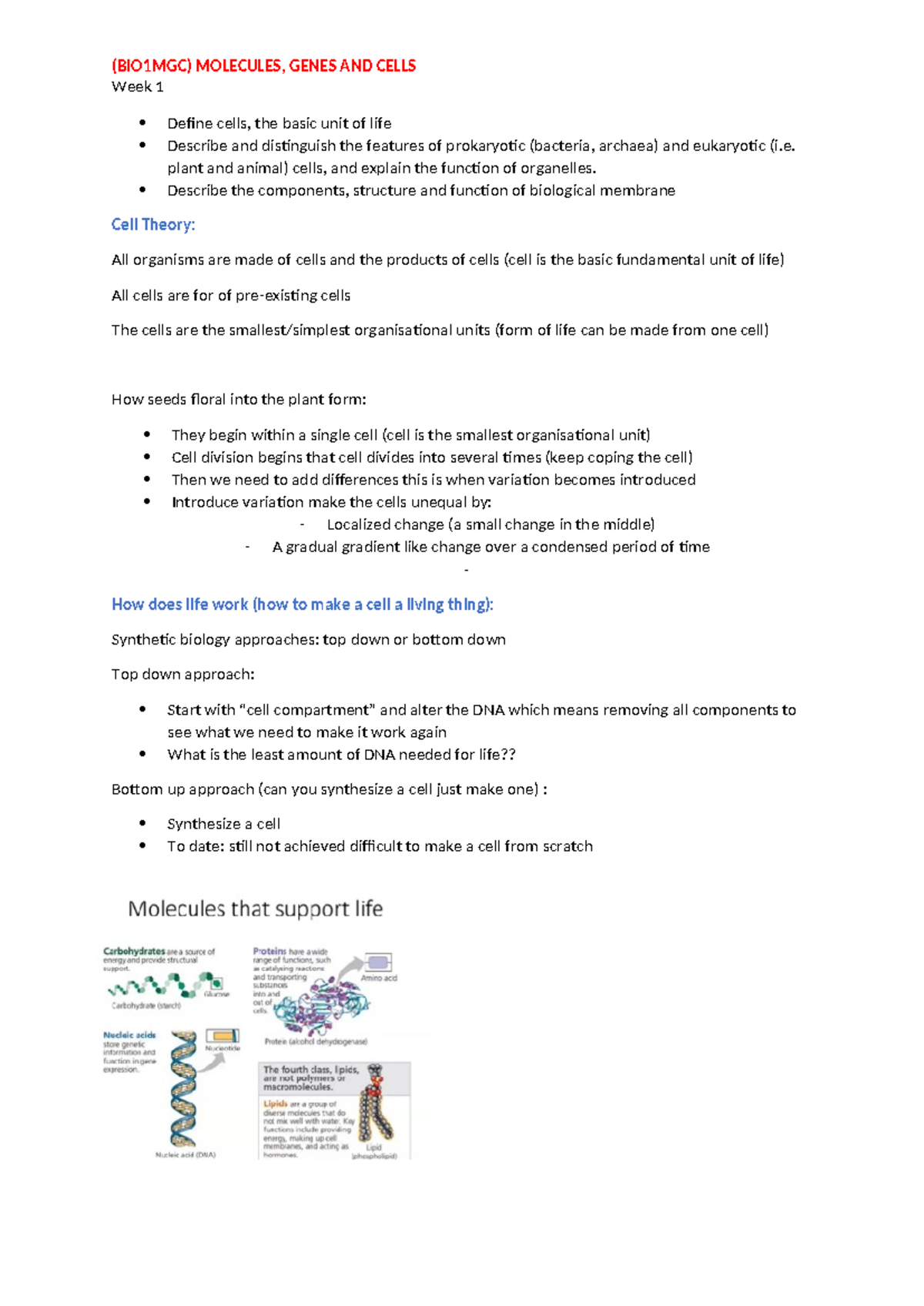 Week 1 - lecture notes - (BIO1MGC) MOLECULES, GENES AND CELLS Week 1 ...