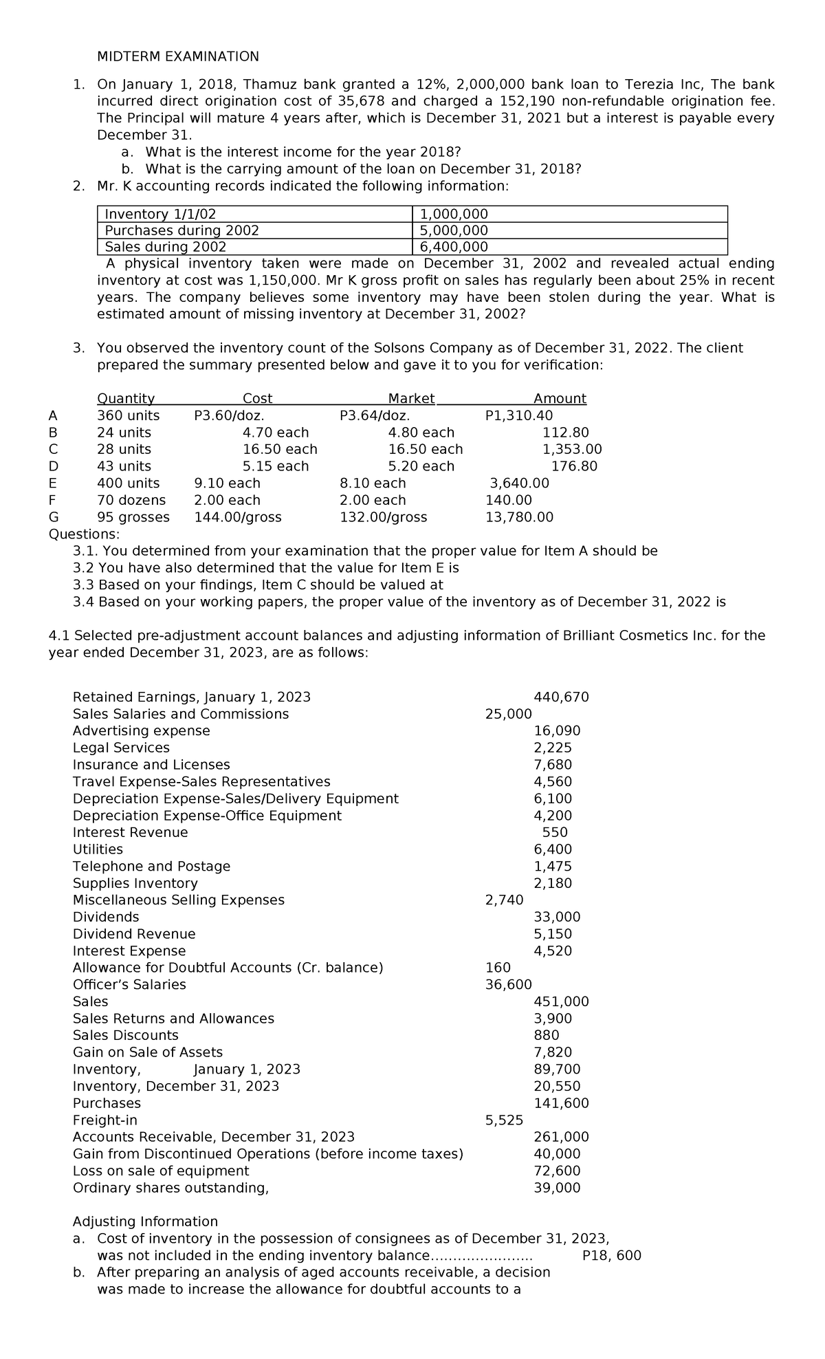 FAR AUDIT MIDTERM EXAM: Loan & Inventory Analysis - Studocu