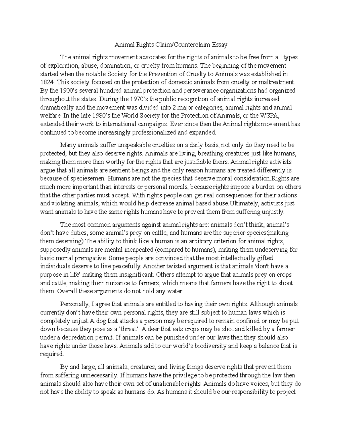 Essay outline on Animal Rights - Animal Rights Claim/Counterclaim Essay ...