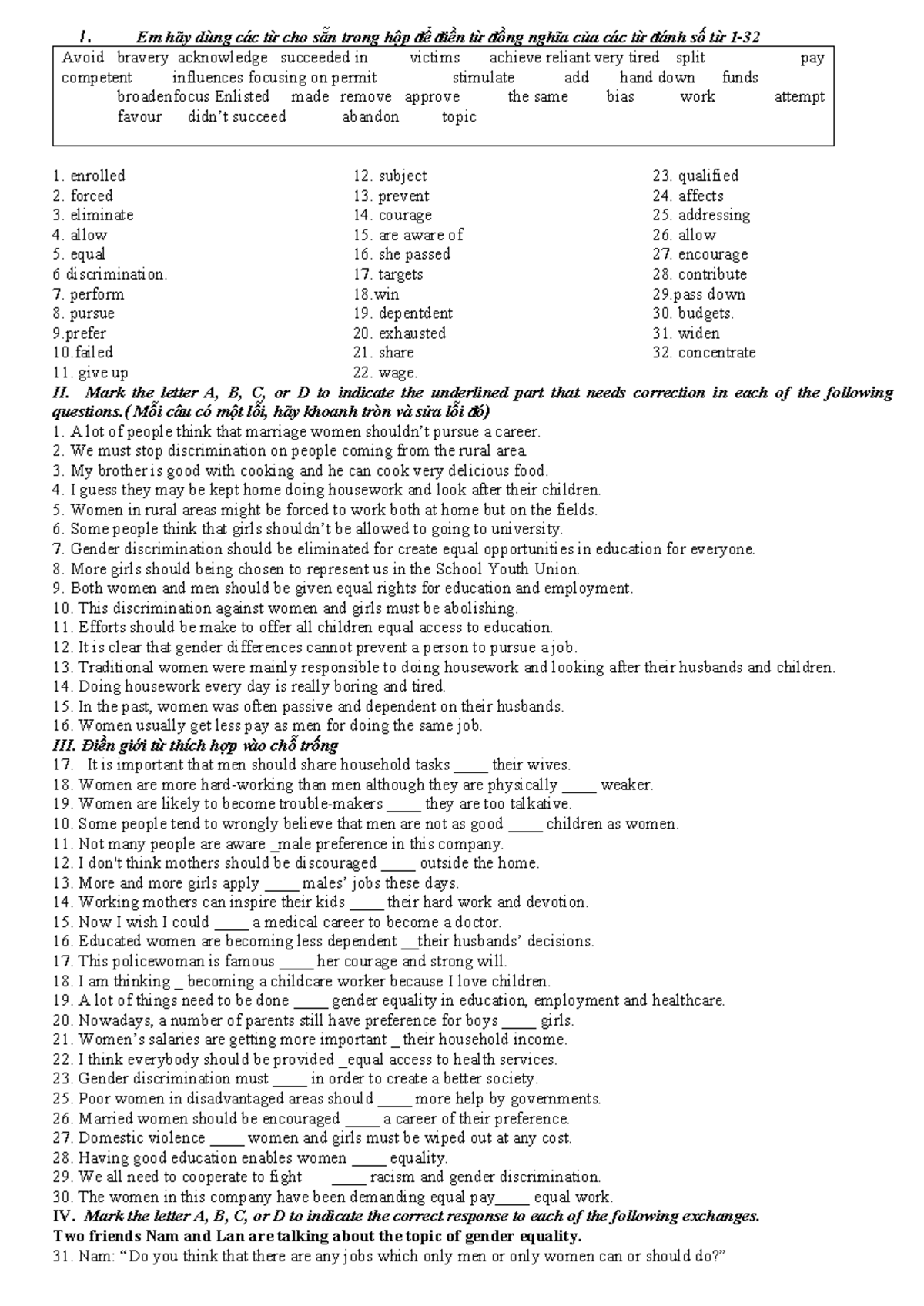 BT Unit 6 - Grammar: Gender Equality Exercises and Corrections - Studocu