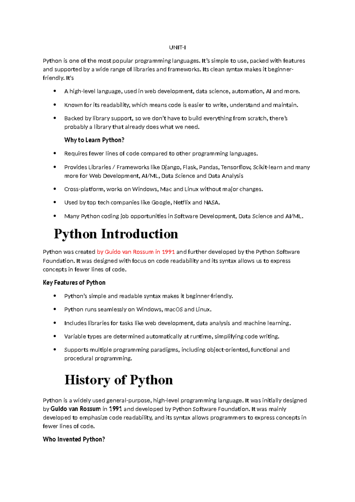 Unit-I: Introduction to Python Programming and Its Features - Studocu